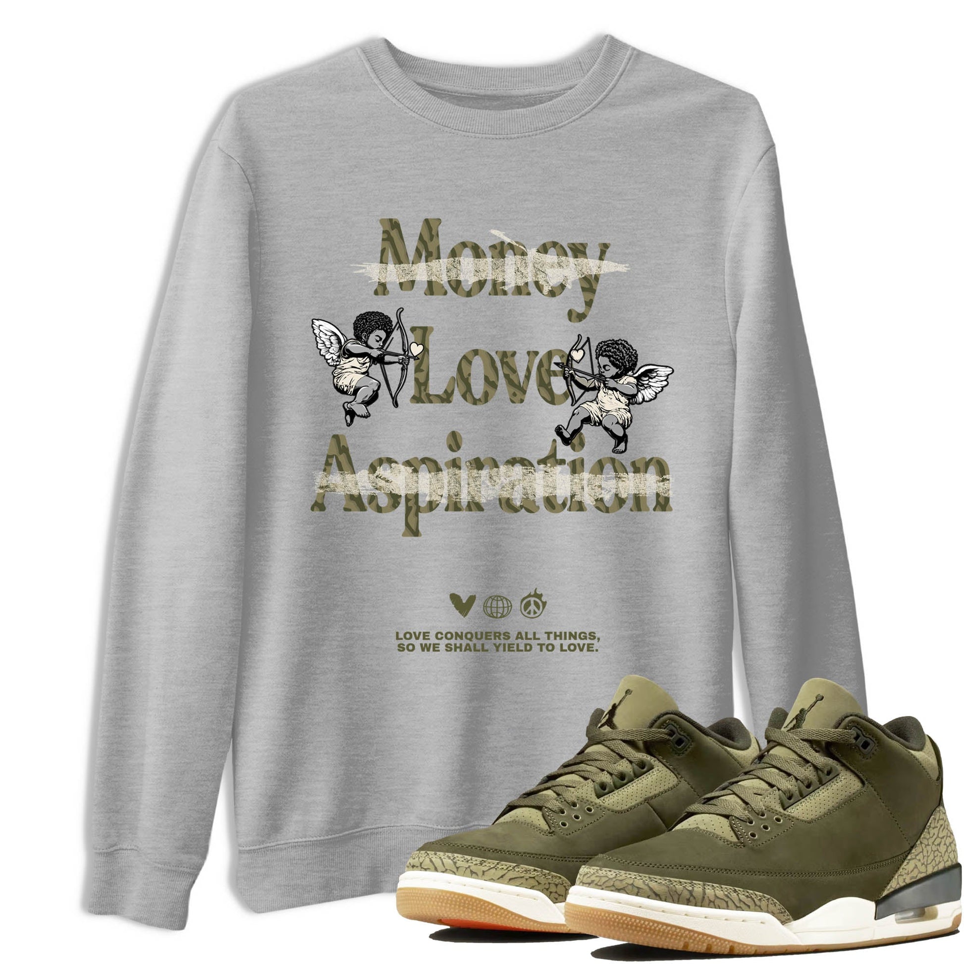 Sneaker Threads – Sneaker Tees To Match Air Jordan 3 Medium Olive – Love Conquers All Things Graphic Tee Heather Grey 1. Perfect for Jordan releases 2025 colorways.