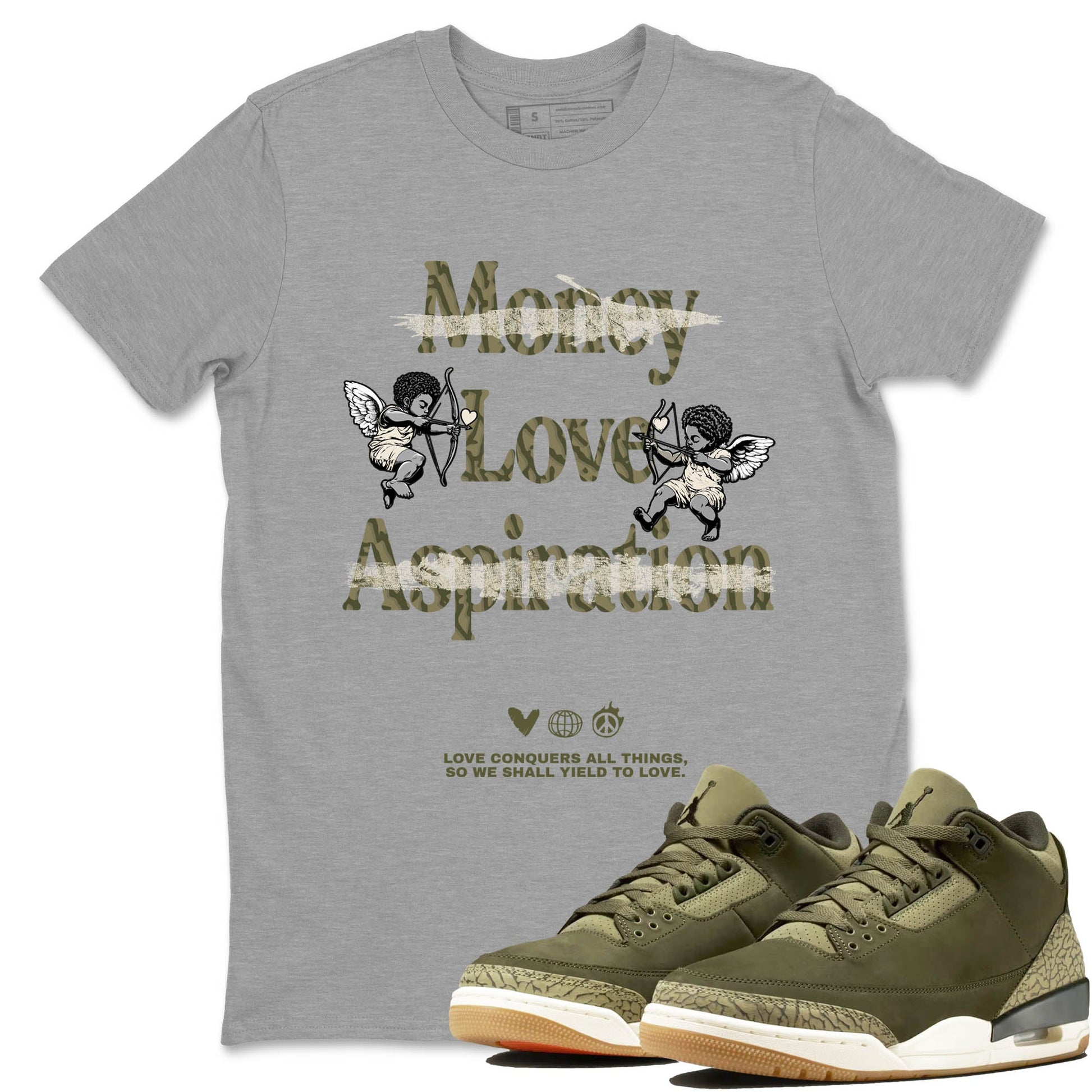 Sneaker Threads – Sneaker Tees To Match Air Jordan 3 Medium Olive – Love Conquers All Things Graphic Tee Heather Grey 1. Perfect for Jordan releases 2025 colorways.