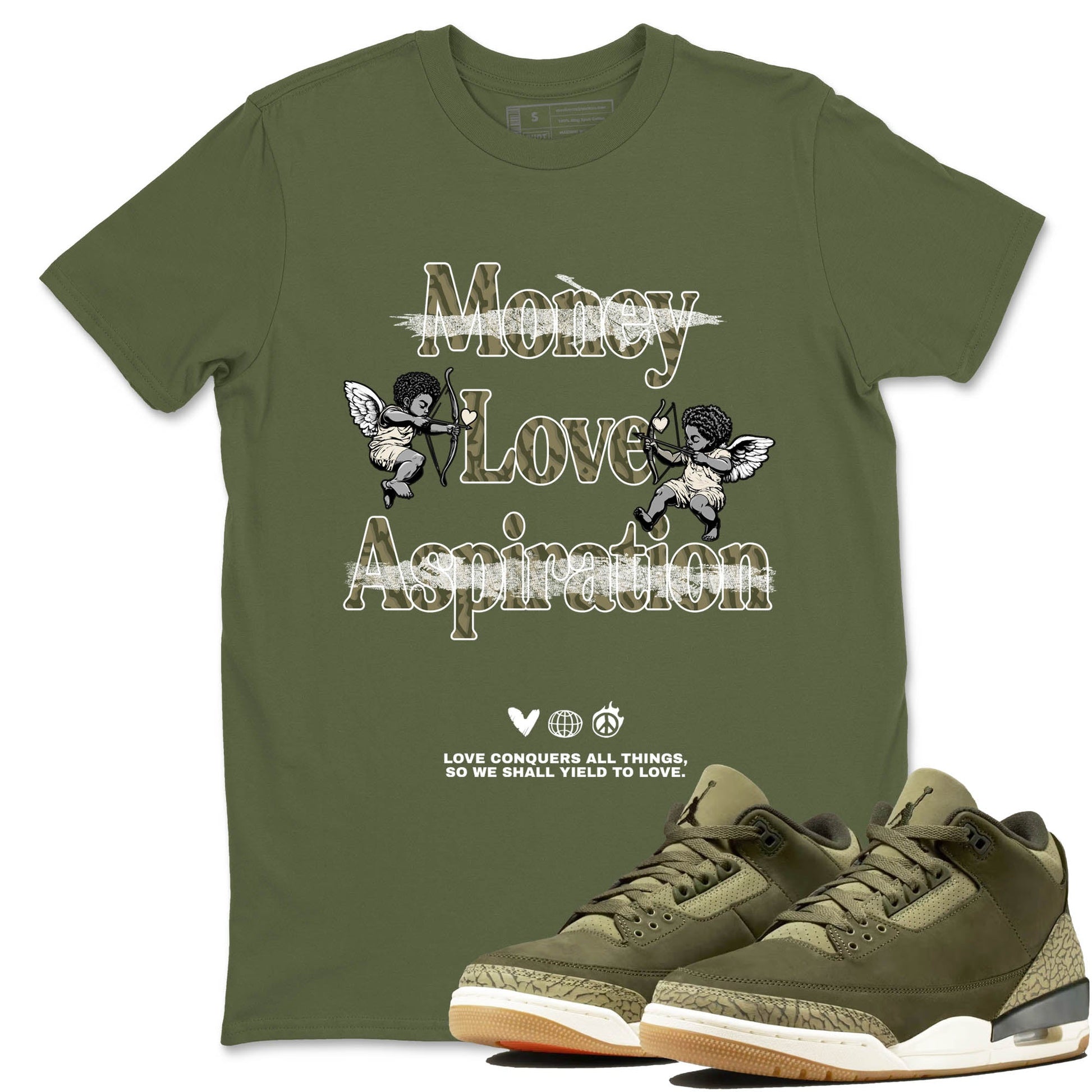 Sneaker Threads – Sneaker Tees To Match Air Jordan 3 Medium Olive – Love Conquers All Things Graphic Tee Military Green 1. Perfect for Jordan releases 2025 colorways.