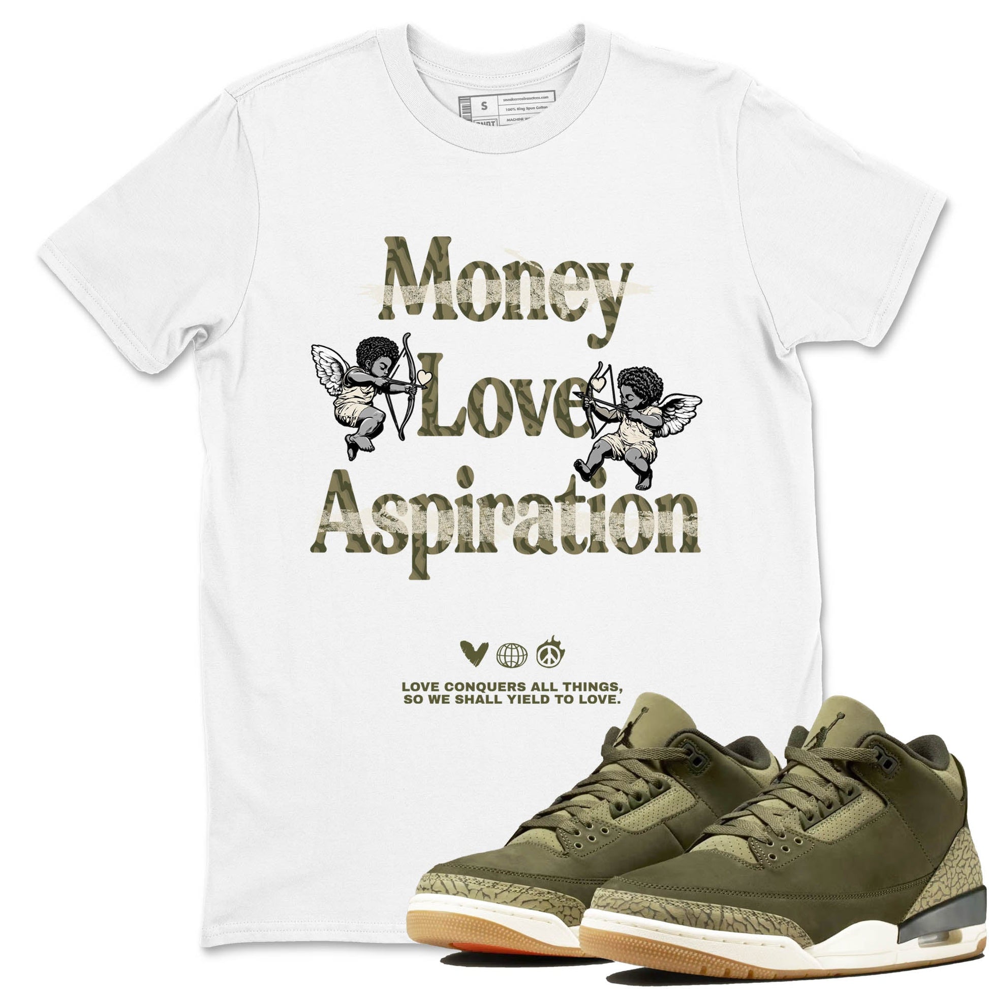 Sneaker Threads – Sneaker Tees To Match Air Jordan 3 Medium Olive – Love Conquers All Things Graphic Tee White 1. Perfect for Jordan releases 2025 colorways.