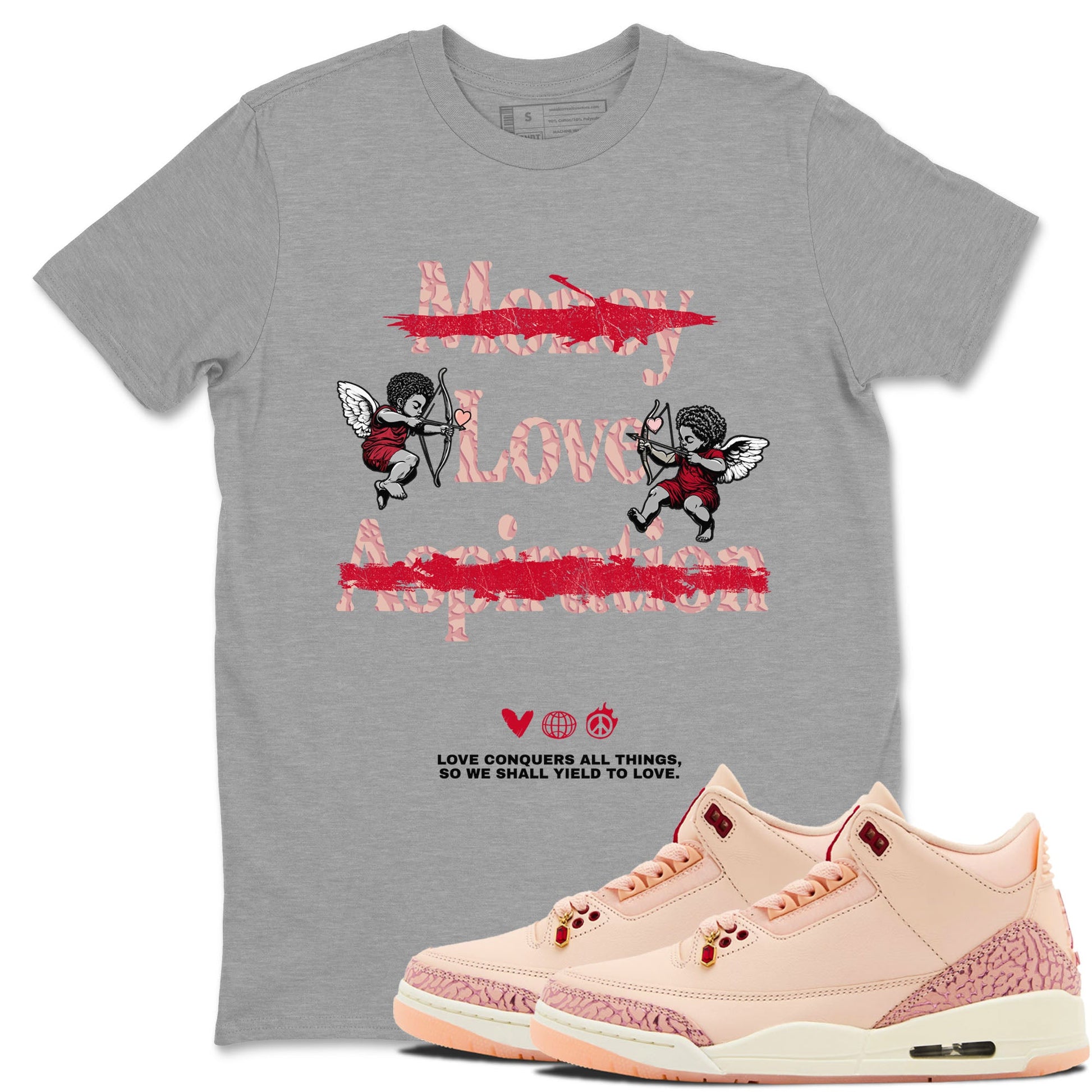 3s Valentines Day shirts to match jordans Love Conquers All Things best t shirts to wear with jordans Air Jordan 3 Valentines Day match shoes to clothes SNRT Sneaker Tees unisex cotton Heather Grey 1 shirts