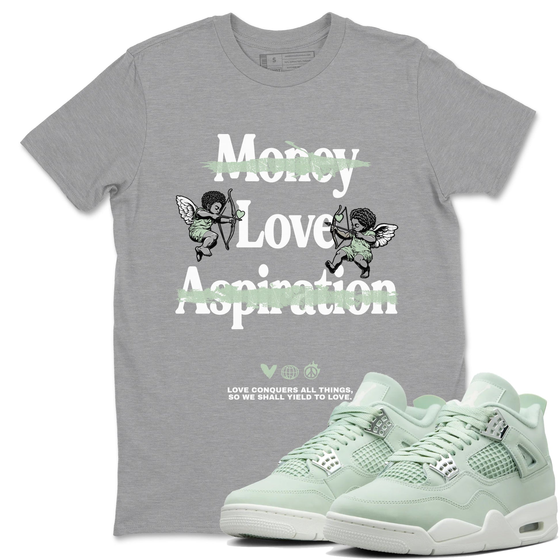 4s Abundance shirts to match jordans Love Conquers All Things sneaker match tees Air Jordan 4 Seafoam match shoes to clothes SNRT Sneaker Tees unisex cotton Heather Grey 1 shirts