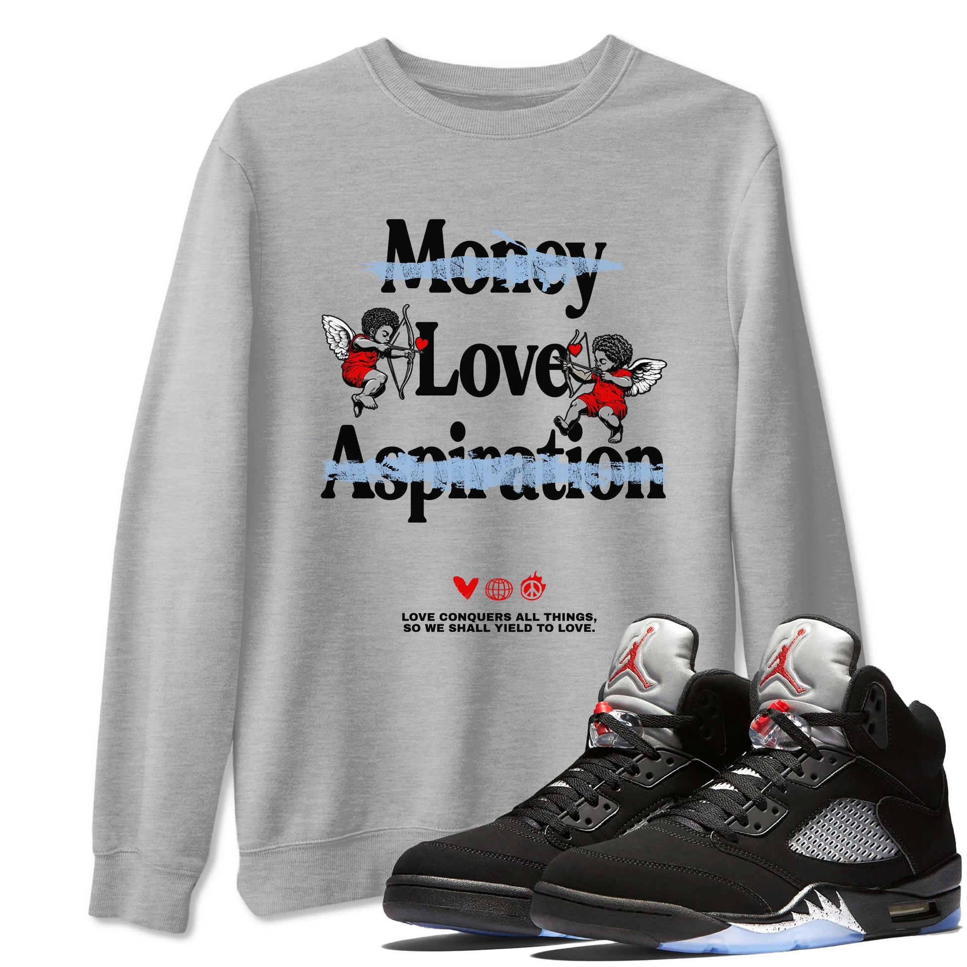 AJ5 Reimagined shirts to match jordans Love Conquers All Things best t shirts to wear with jordans Air Jordan 5 Retro OG Reimagined match shoes to clothes SNRT Sneaker Tees unisex cotton Heather Grey 1 shirts
