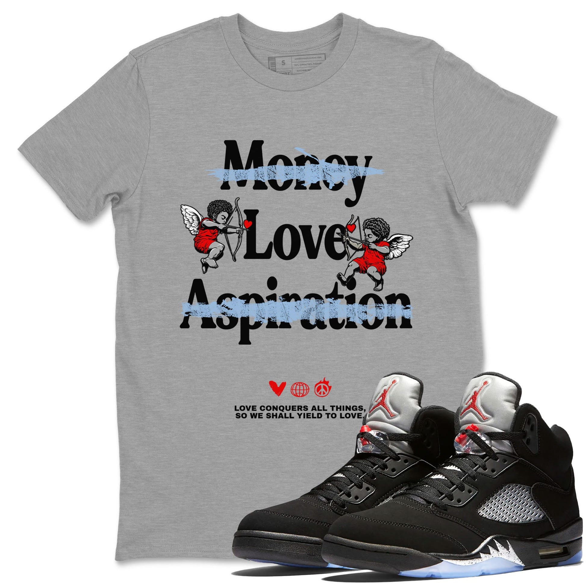 AJ5 Reimagined shirts to match jordans Love Conquers All Things best t shirts to wear with jordans Air Jordan 5 Retro OG Reimagined match shoes to clothes SNRT Sneaker Tees unisex cotton Heather Grey 1 shirts