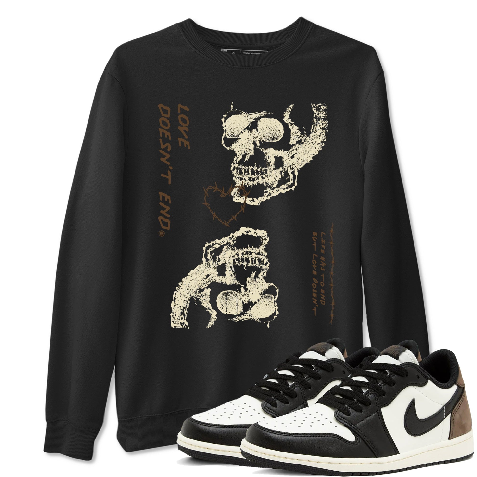 1s Mocha shirts to match jordans Love Doesn't End sneaker match tees Air Jordan 1 Low Mocha SNRT Sneaker Release Tees unisex cotton Black 1 crew neck shirts