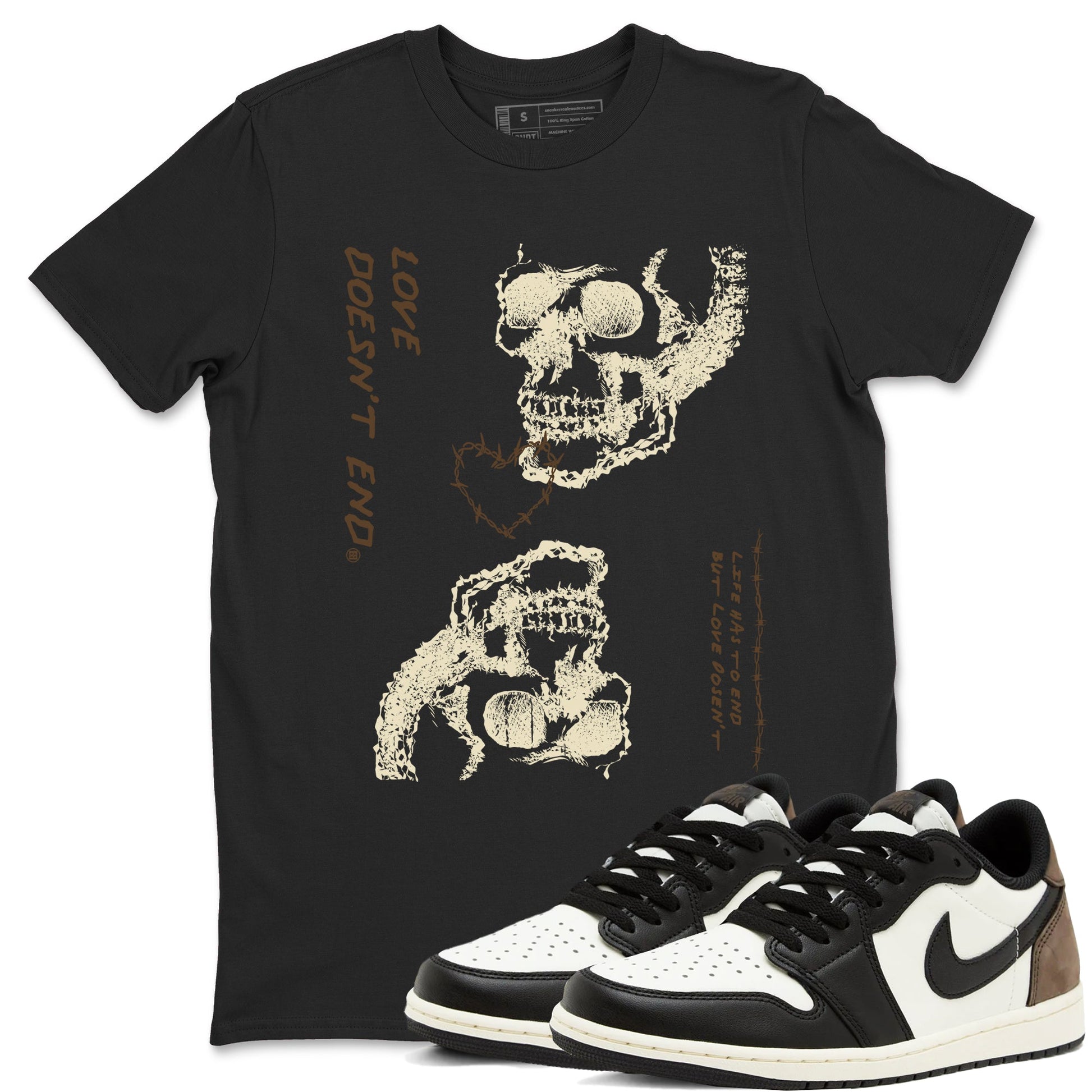 1s Mocha shirts to match jordans Love Doesn't End sneaker match tees Air Jordan 1 Low Mocha SNRT Sneaker Release Tees unisex cotton Black 1 crew neck shirts