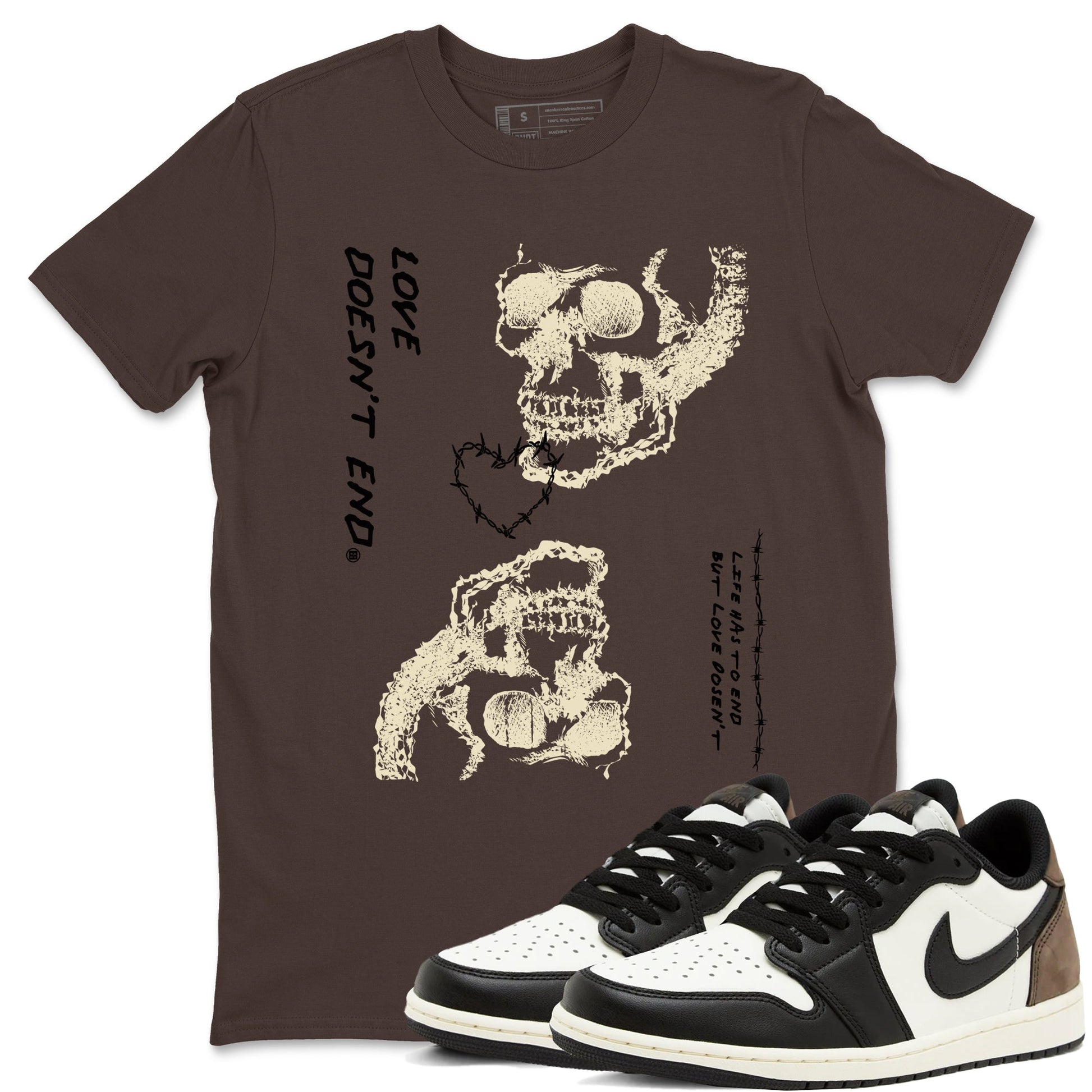 1s Mocha shirts to match jordans Love Doesn't End sneaker match tees Air Jordan 1 Low Mocha SNRT Sneaker Release Tees unisex cotton Dark Chocolate 1 crew neck shirts