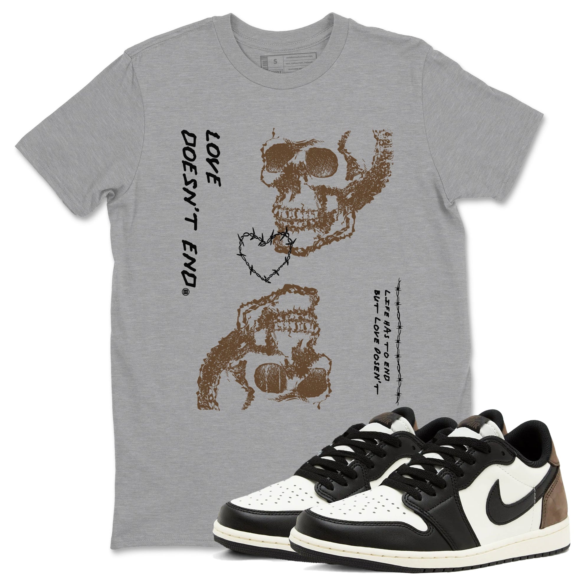 1s Mocha shirts to match jordans Love Doesn't End sneaker match tees Air Jordan 1 Low Mocha SNRT Sneaker Release Tees unisex cotton Heather Grey 1 crew neck shirts