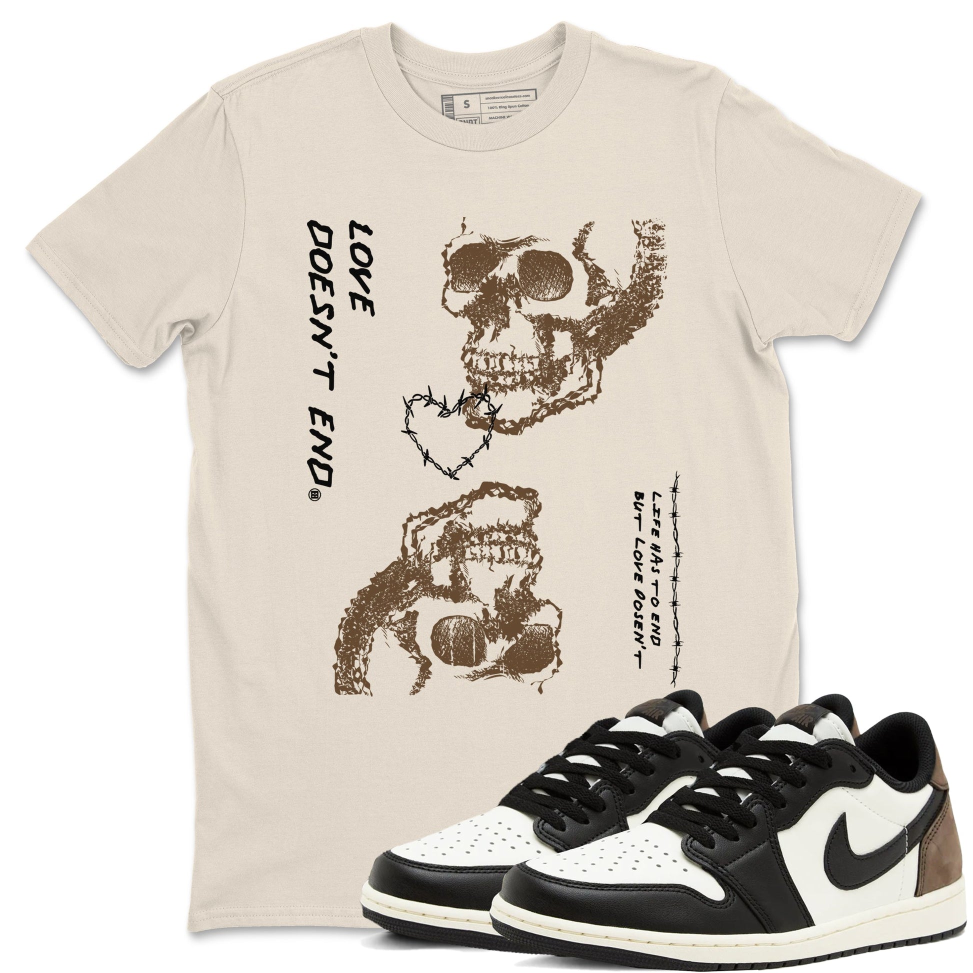1s Mocha shirts to match jordans Love Doesn't End sneaker match tees Air Jordan 1 Low Mocha SNRT Sneaker Release Tees unisex cotton Natural 1 crew neck shirts