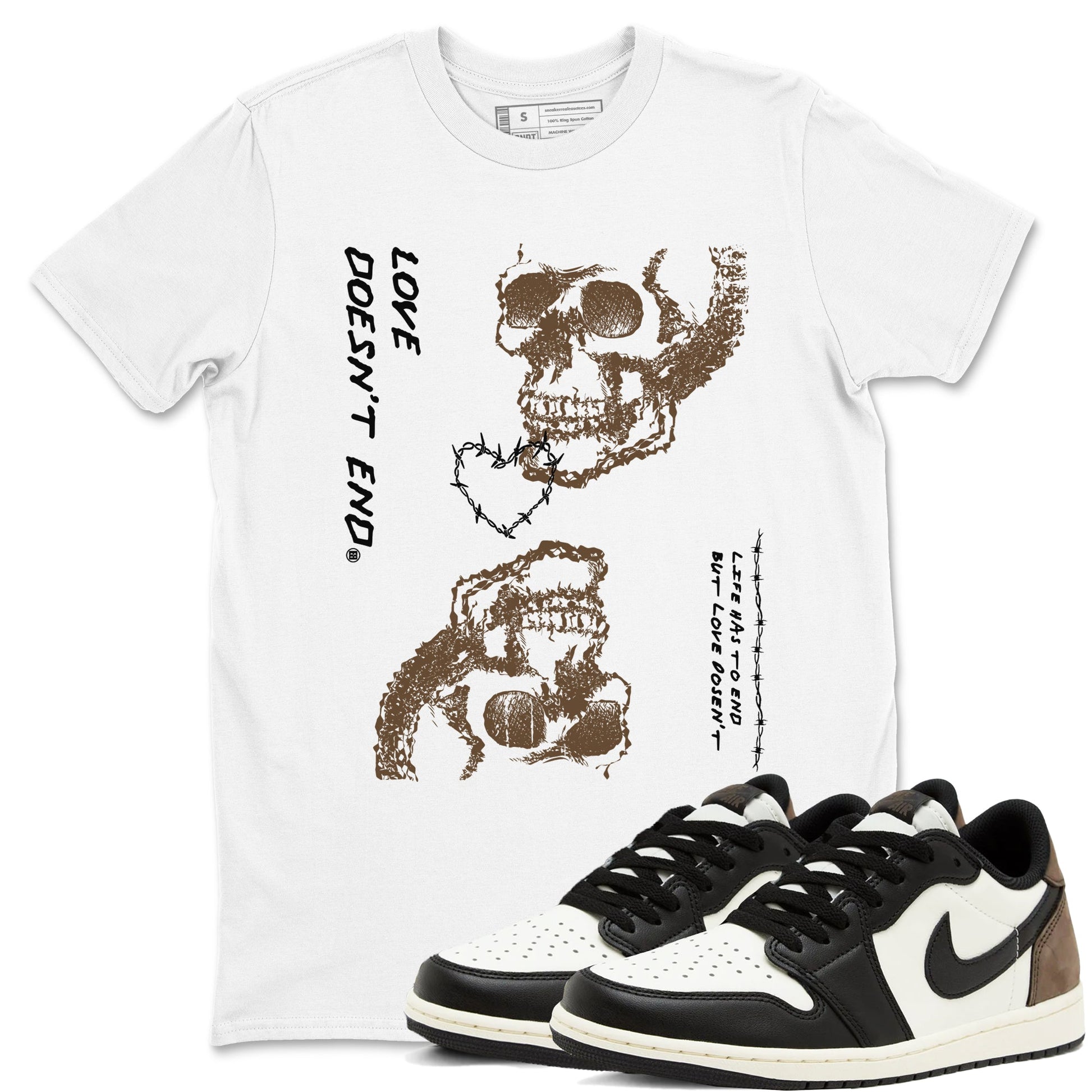 1s Mocha shirts to match jordans Love Doesn't End sneaker match tees Air Jordan 1 Low Mocha SNRT Sneaker Release Tees unisex cotton White 1 crew neck shirts