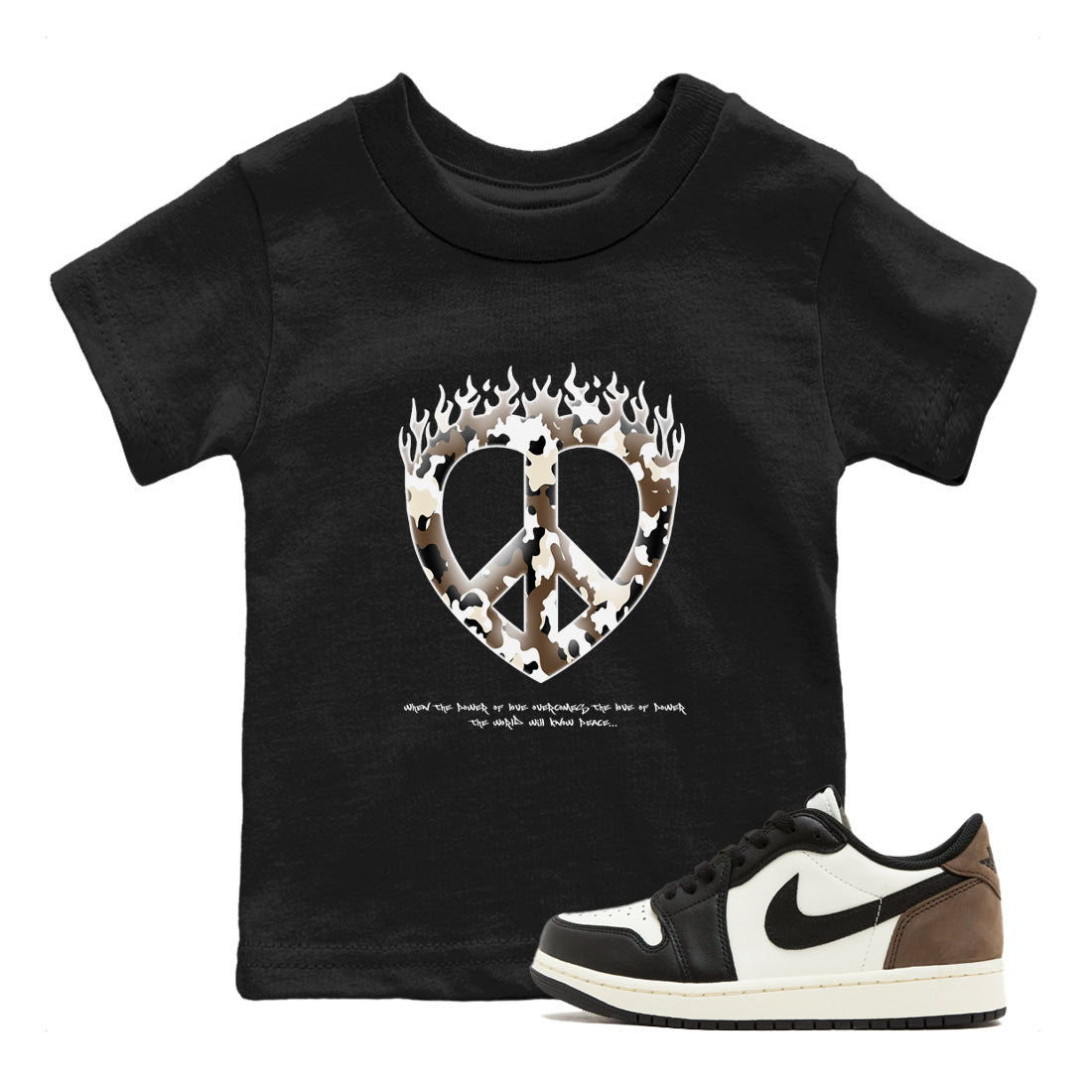 1s Low OG Mocha shirts to match jordans Love Peace sneaker match tees Air Jordan 1 Mocha match shoes to clothes SNRT Sneaker Tees Youth Baby Black 1 tee