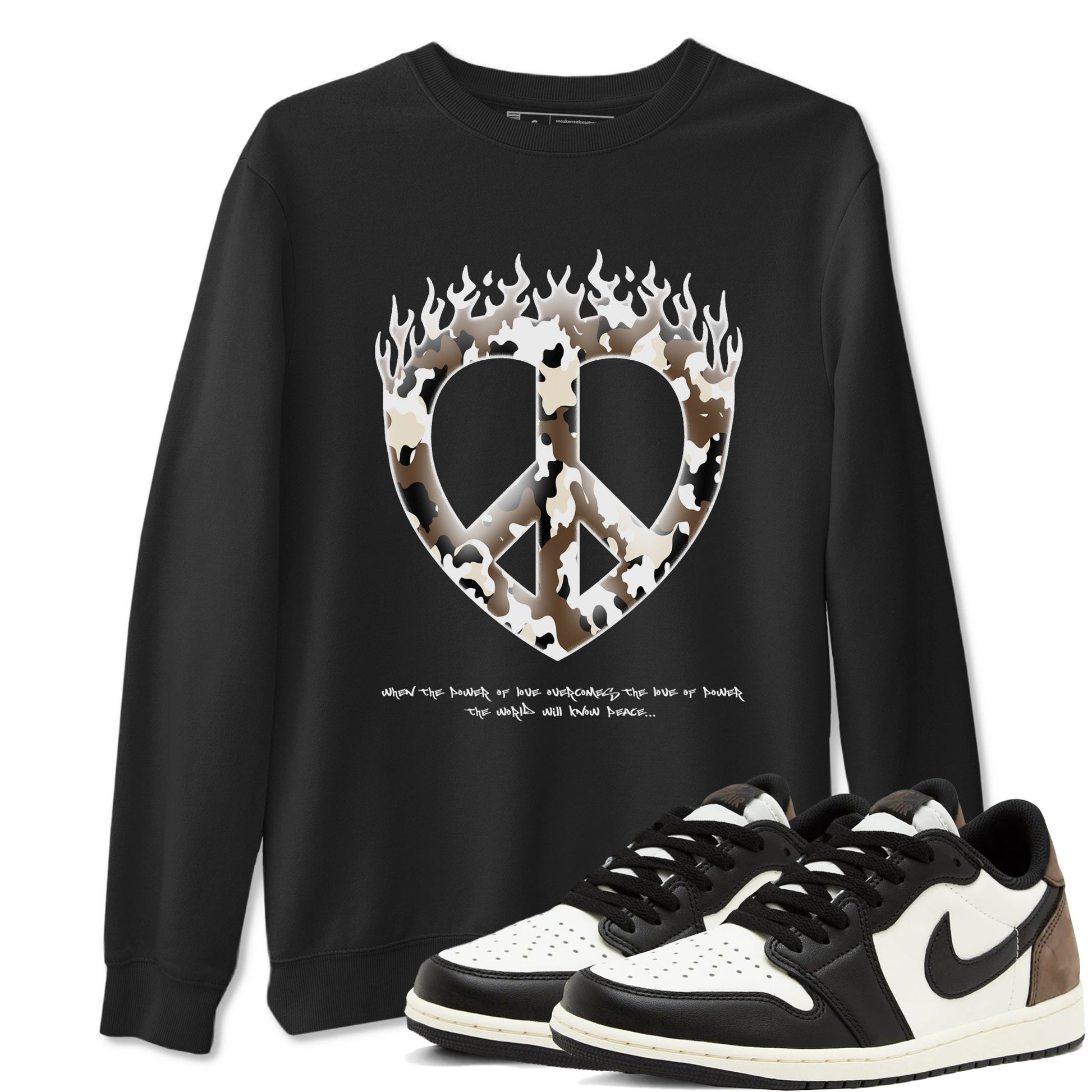 1s Low OG Mocha shirts to match jordans Love Peace sneaker match tees Air Jordan 1 Mocha match shoes to clothes SNRT Sneaker Tees unisex cotton Black 1 shirts