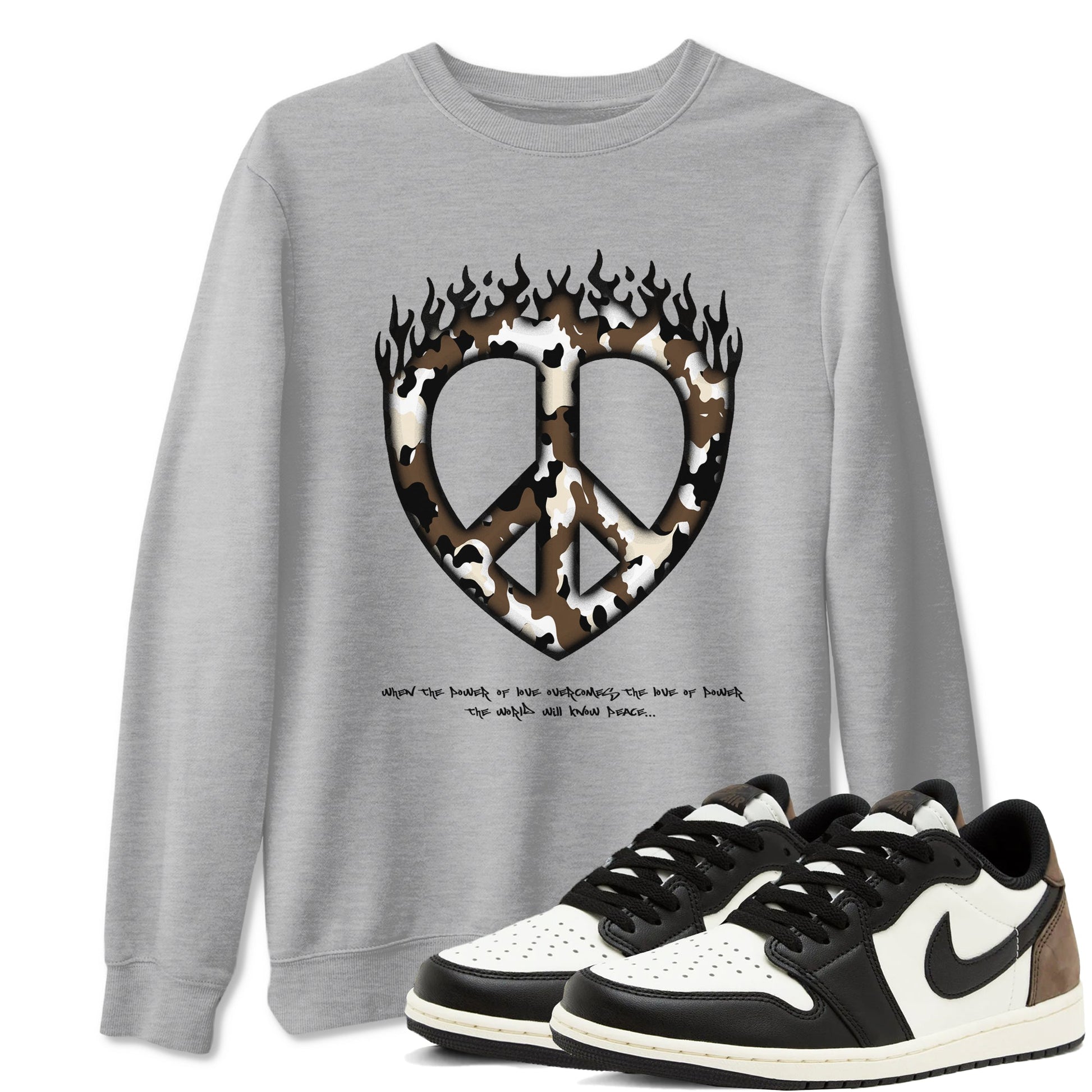 1s Low OG Mocha shirts to match jordans Love Peace sneaker match tees Air Jordan 1 Mocha match shoes to clothes SNRT Sneaker Tees unisex cotton Heather Grey 1 shirts