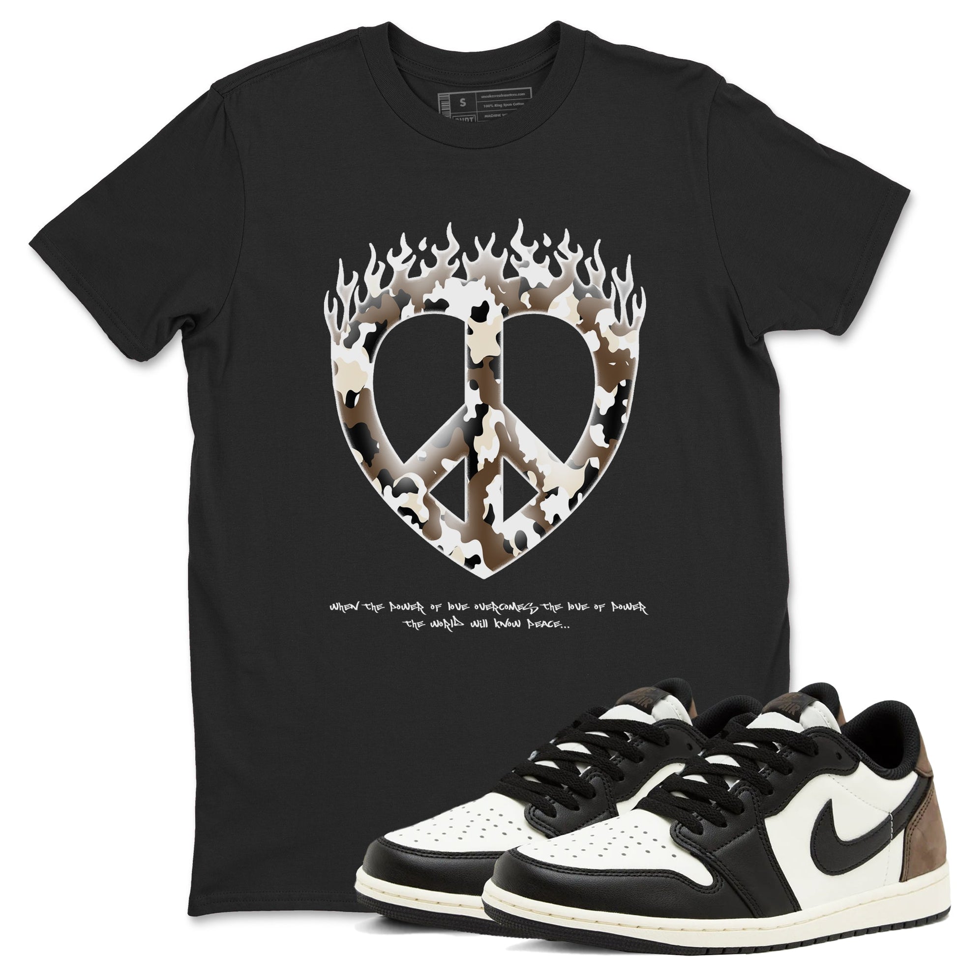 1s Low OG Mocha shirts to match jordans Love Peace sneaker match tees Air Jordan 1 Mocha match shoes to clothes SNRT Sneaker Tees unisex cotton Black 1 shirts