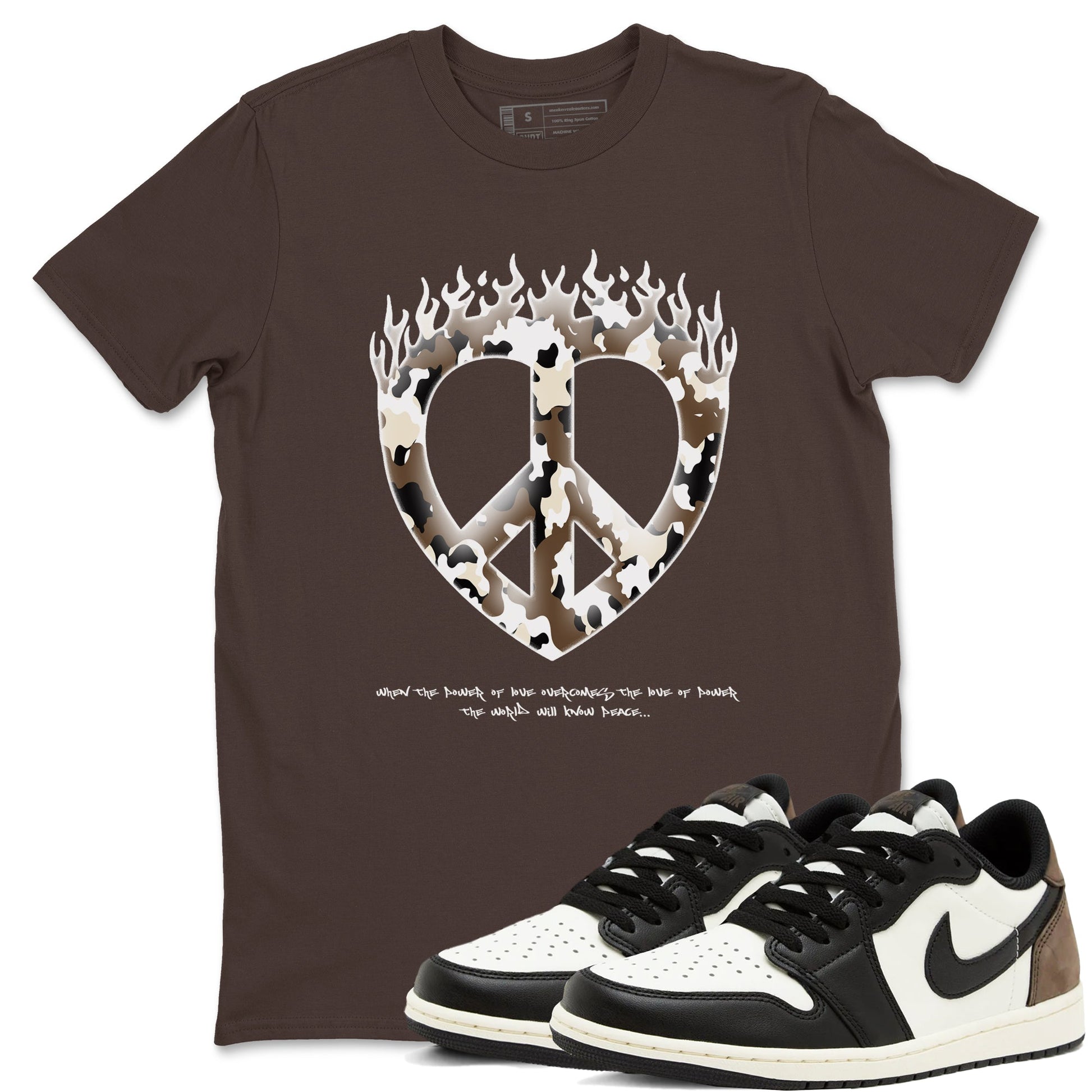 1s Low OG Mocha shirts to match jordans Love Peace sneaker match tees Air Jordan 1 Mocha match shoes to clothes SNRT Sneaker Tees unisex cotton Dark Chocolate 1 shirts