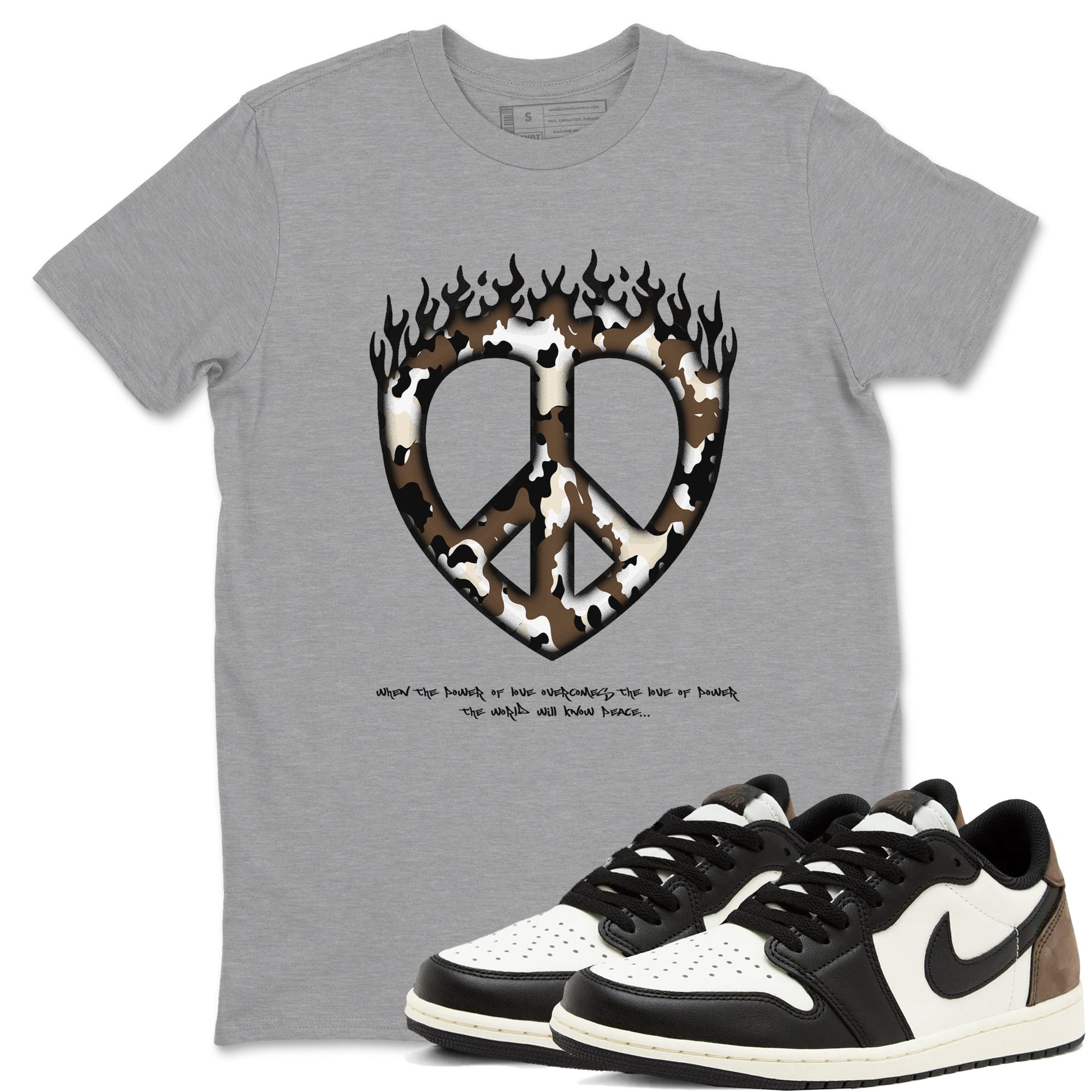 1s Low OG Mocha shirts to match jordans Love Peace sneaker match tees Air Jordan 1 Mocha match shoes to clothes SNRT Sneaker Tees unisex cotton Heather Grey 1 shirts