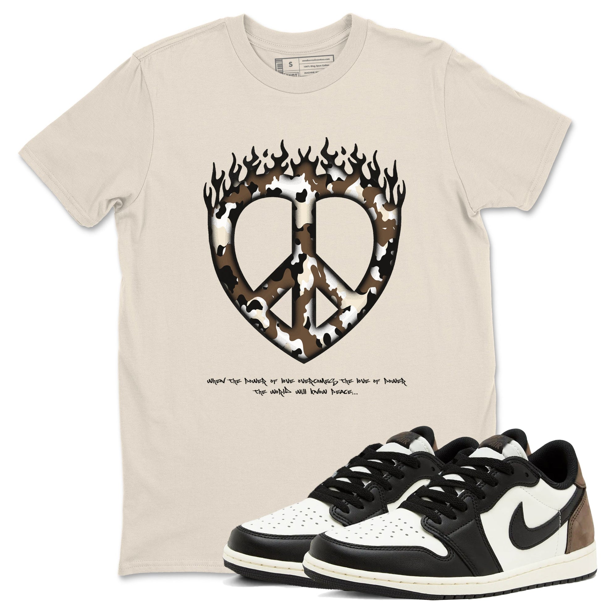 1s Low OG Mocha shirts to match jordans Love Peace sneaker match tees Air Jordan 1 Mocha match shoes to clothes SNRT Sneaker Tees unisex cotton Natural 1 shirts