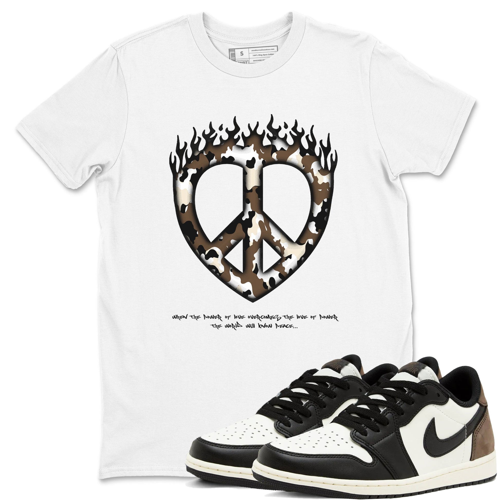 1s Low OG Mocha shirts to match jordans Love Peace sneaker match tees Air Jordan 1 Mocha match shoes to clothes SNRT Sneaker Tees unisex cotton White 1 shirts