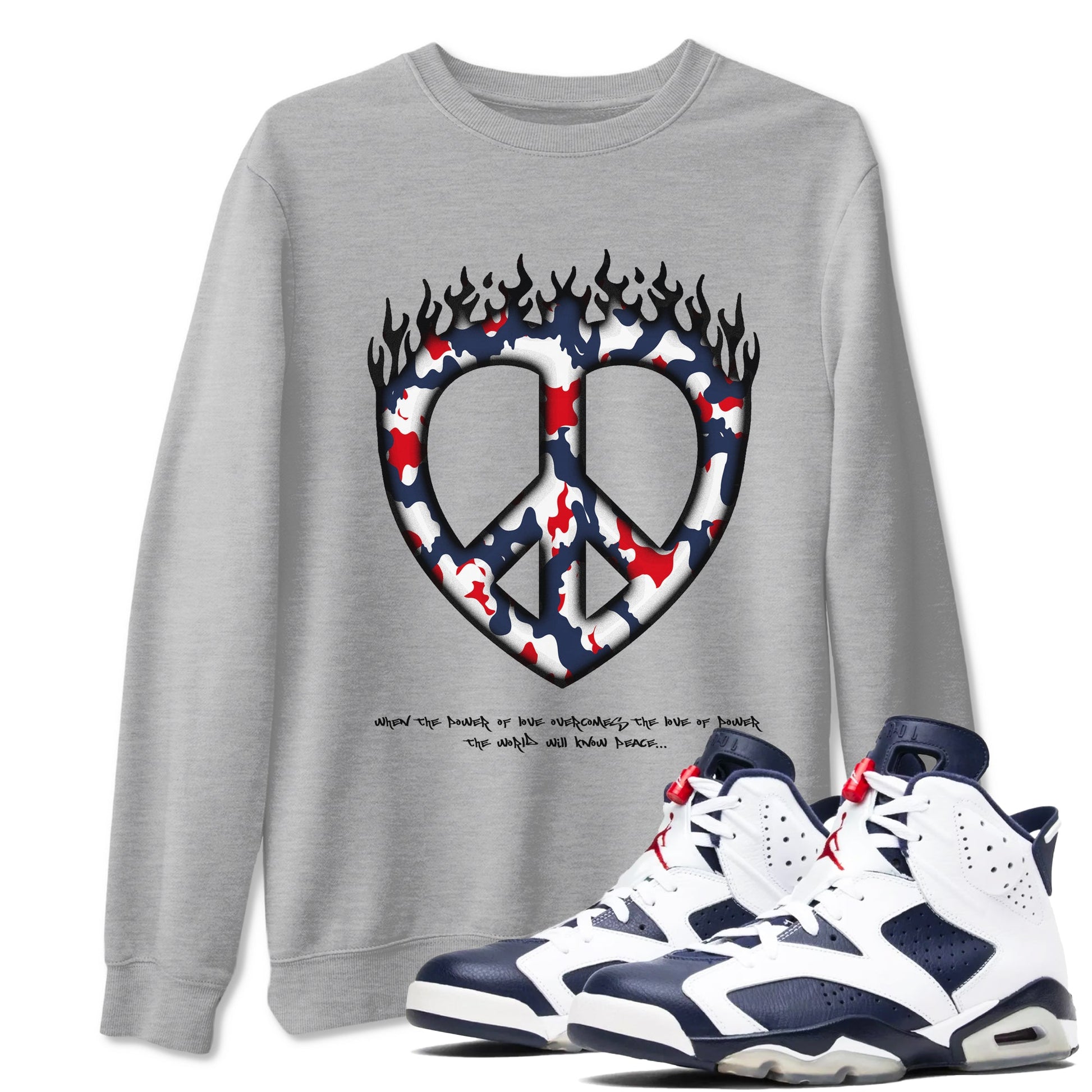 6s White And Midnight Navy shirts to match jordans Love Peace sneaker match tees Air Jordan 6 White And Midnight Navy SNRT Sneaker Release Tees unisex cotton Heather Grey 1 crew neck shirts