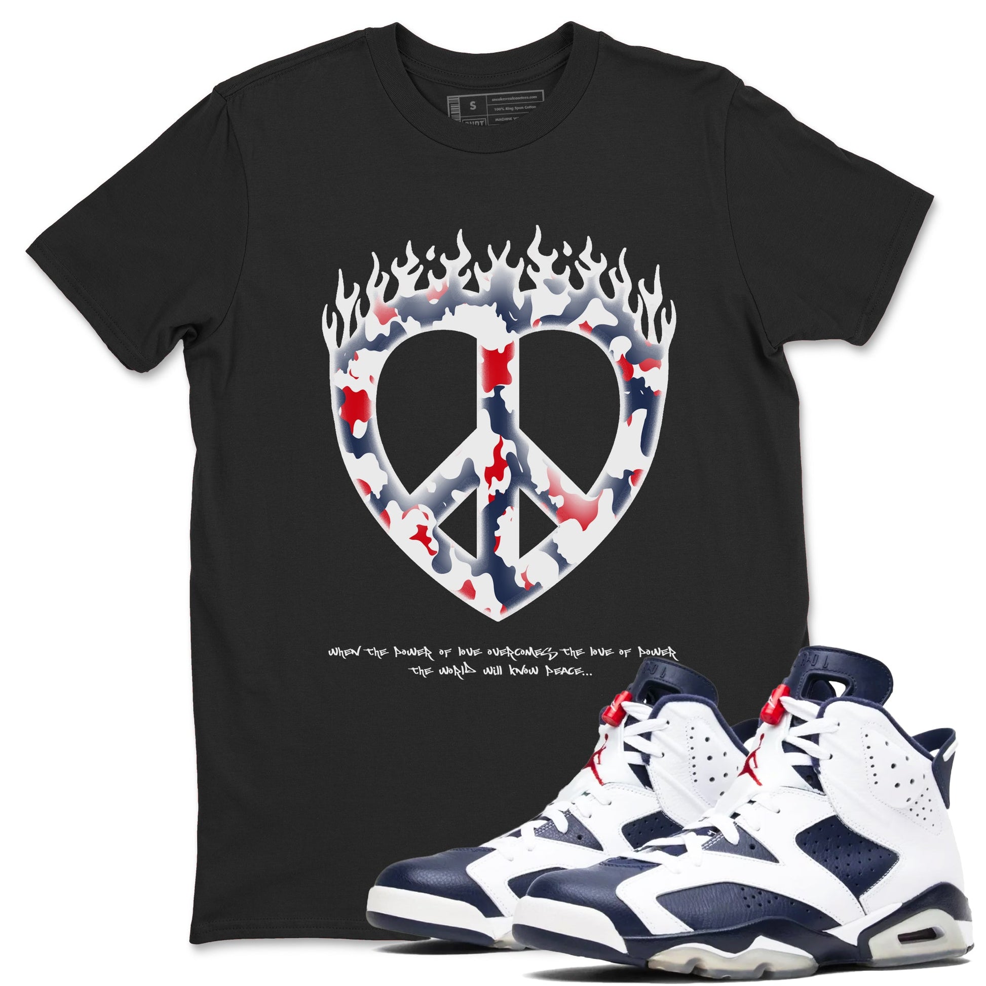 6s White And Midnight Navy shirts to match jordans Love Peace sneaker match tees Air Jordan 6 White And Midnight Navy SNRT Sneaker Release Tees unisex cotton Black 1 crew neck shirts