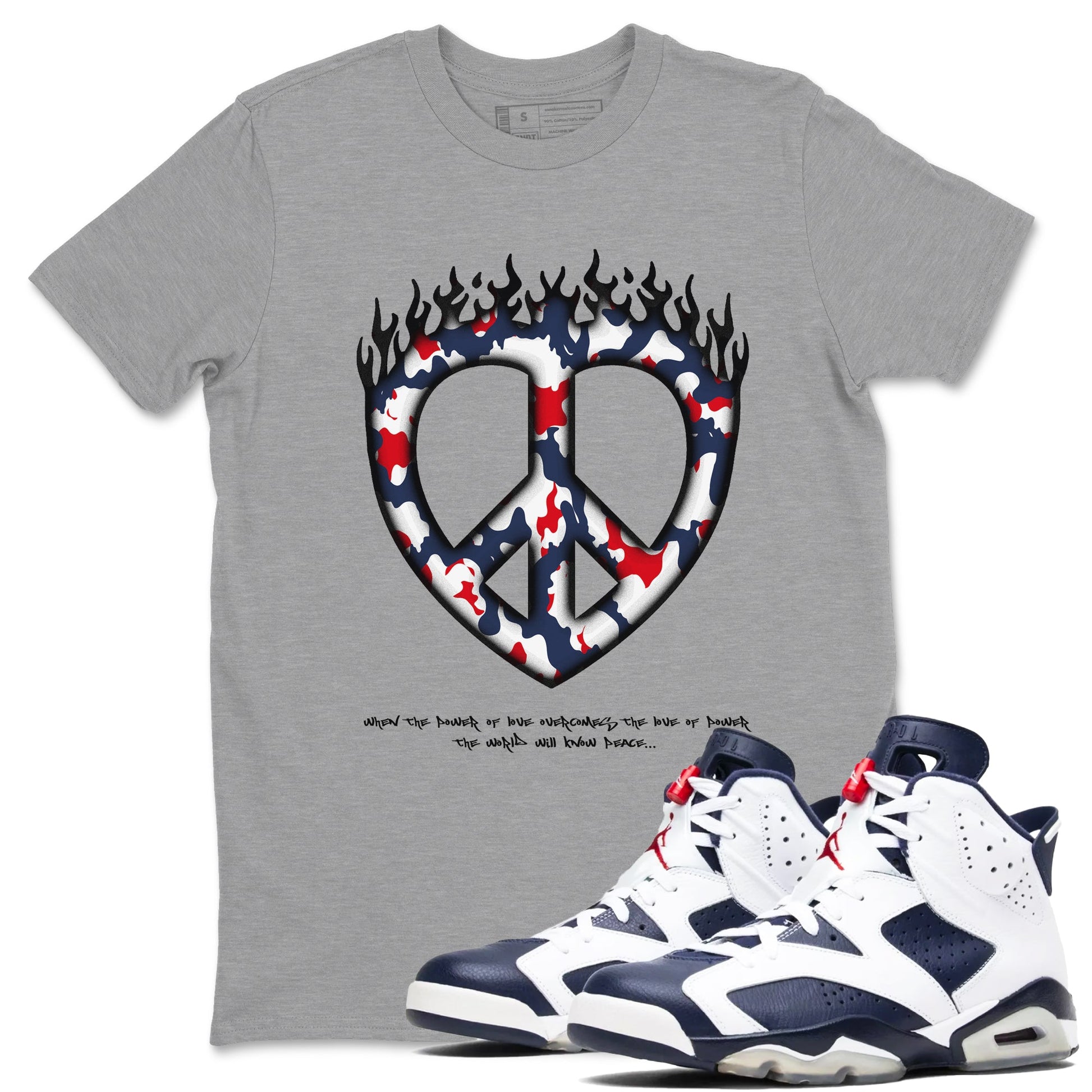6s White And Midnight Navy shirts to match jordans Love Peace sneaker match tees Air Jordan 6 White And Midnight Navy SNRT Sneaker Release Tees unisex cotton Heather Grey 1 crew neck shirts