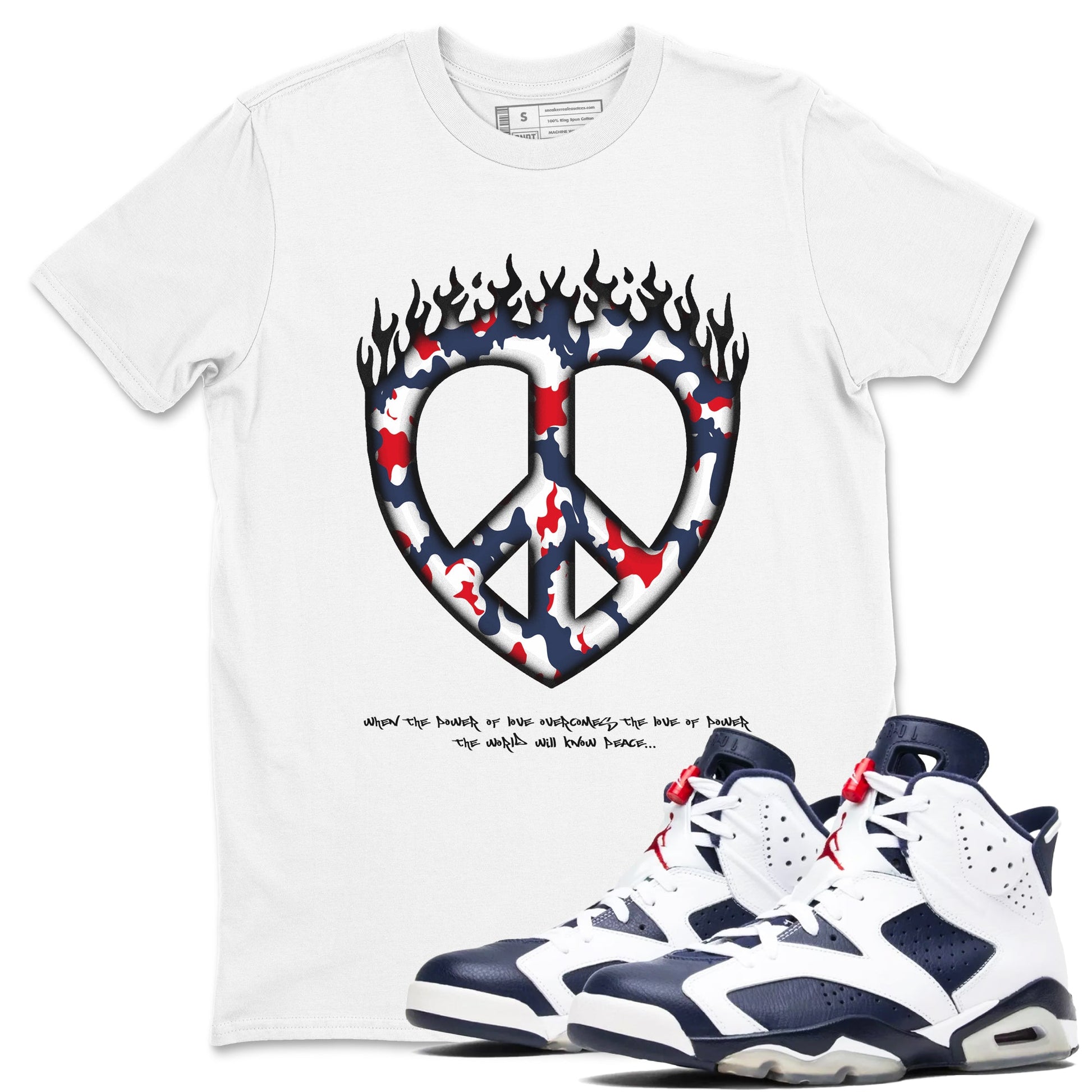 6s White And Midnight Navy shirts to match jordans Love Peace sneaker match tees Air Jordan 6 White And Midnight Navy SNRT Sneaker Release Tees unisex cotton White 1 crew neck shirts