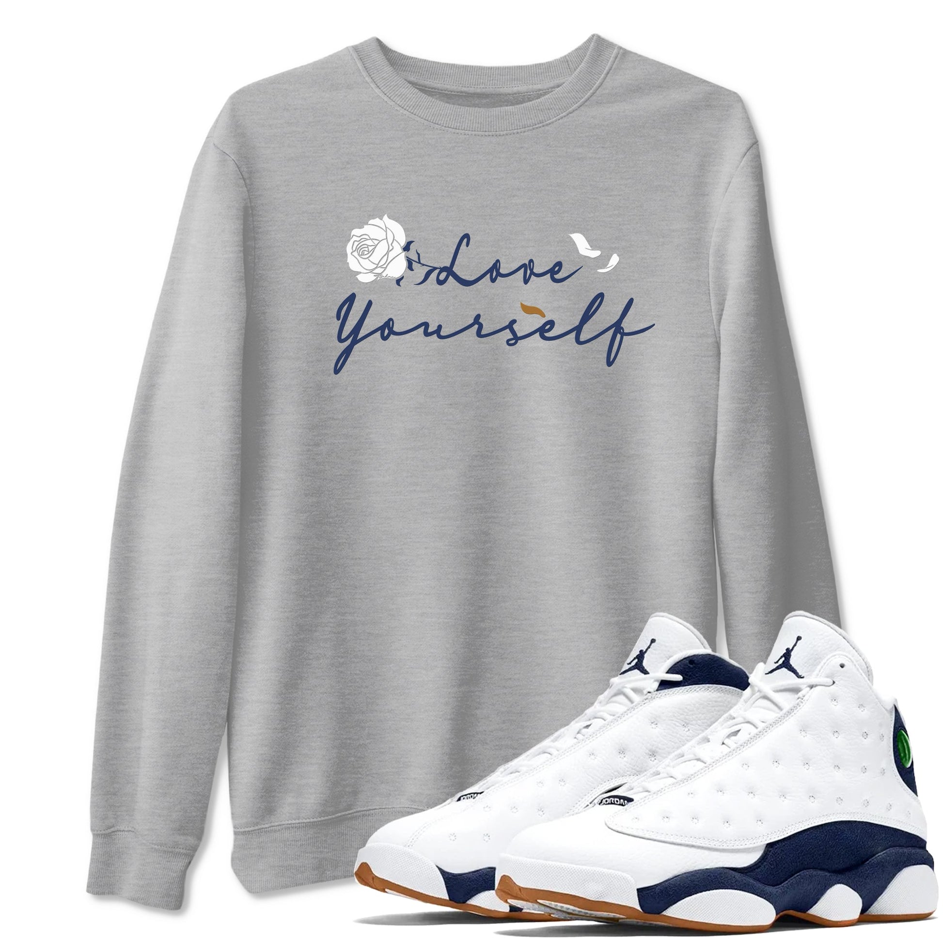 13s Midnight Navy shirts to match jordans Love Yourself sneaker match tees Air Jordan 13 Midnight Navy SNRT Sneaker Release Tees unisex cotton Heather Grey 1 crew neck shirts