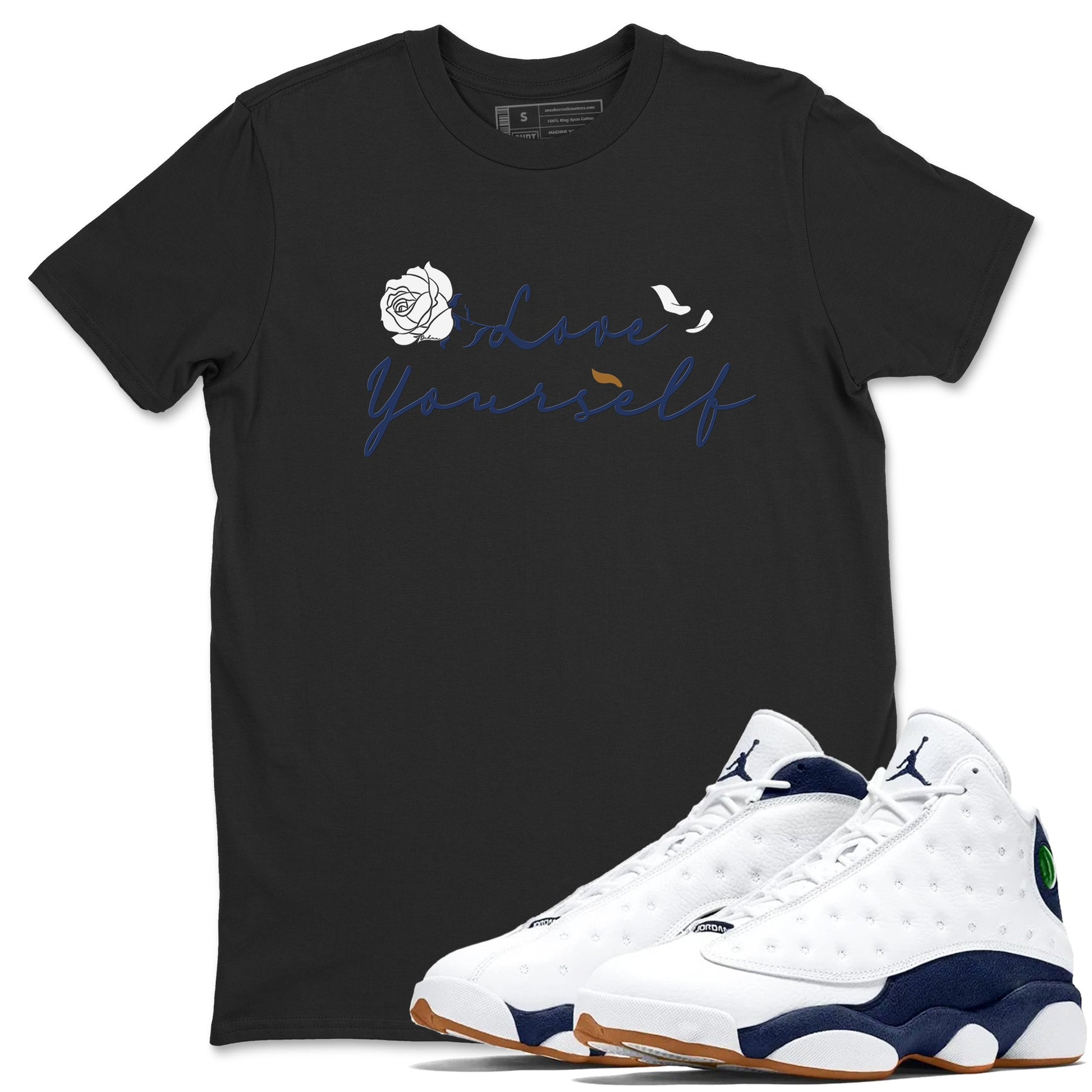 13s Midnight Navy shirts to match jordans Love Yourself sneaker match tees Air Jordan 13 Midnight Navy SNRT Sneaker Release Tees unisex cotton Black 1 crew neck shirts