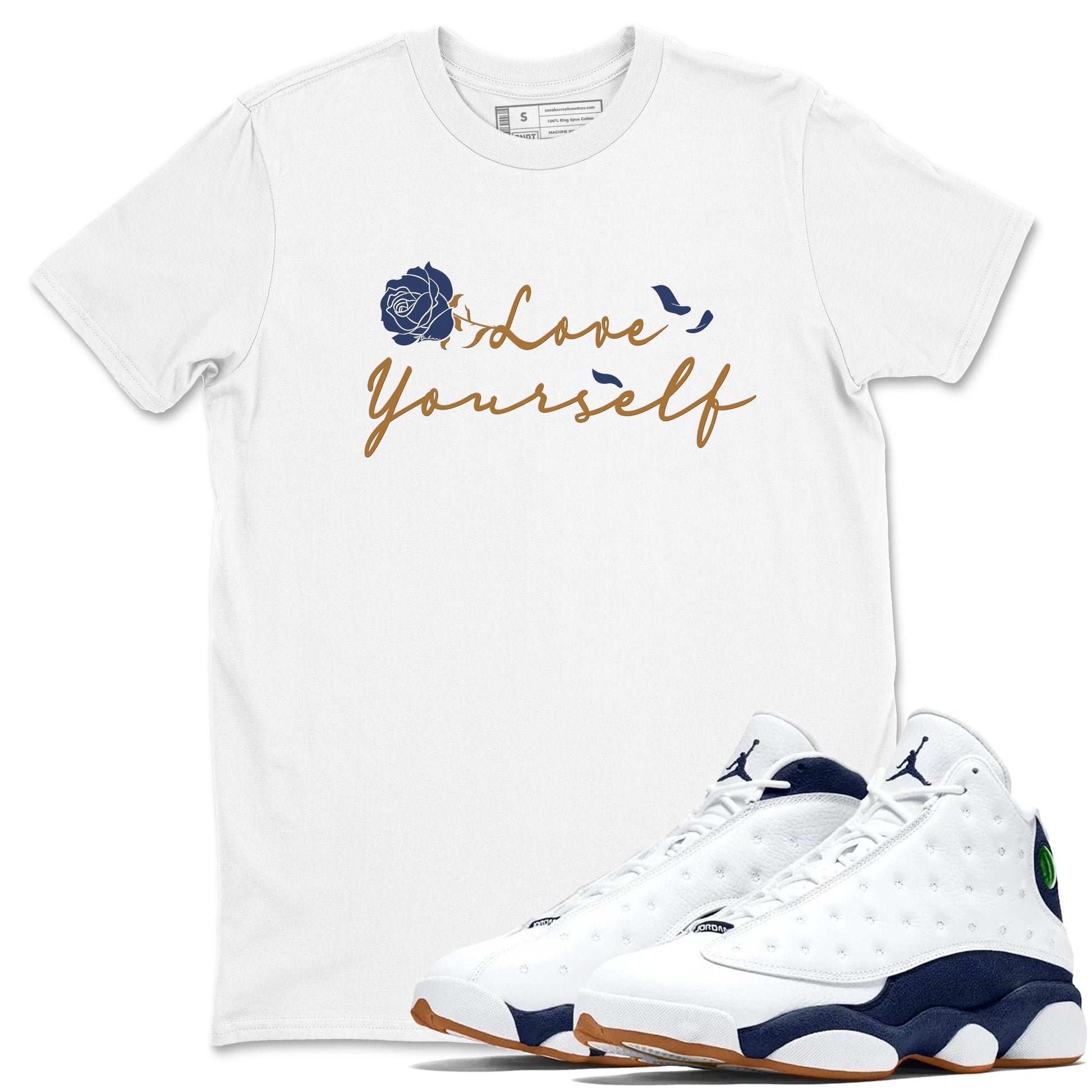 13s Midnight Navy shirts to match jordans Love Yourself sneaker match tees Air Jordan 13 Midnight Navy SNRT Sneaker Release Tees unisex cotton White 1 crew neck shirts