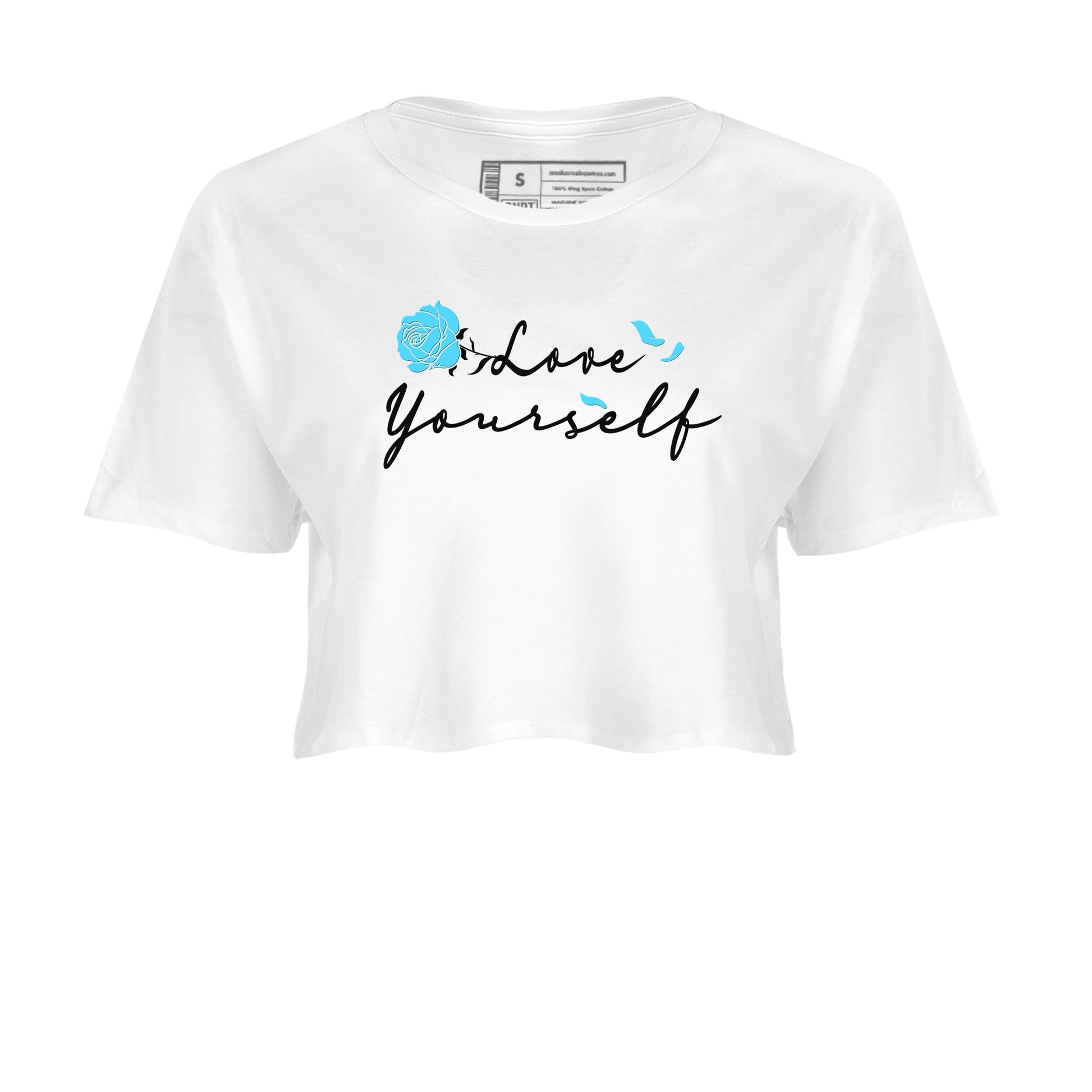 AJ9 Powder Blue shirt to match jordans Love Yourself sneaker tees Air Jordan 9 Powder Blue SNRT Sneaker Release Tees White 2 crop length shirt