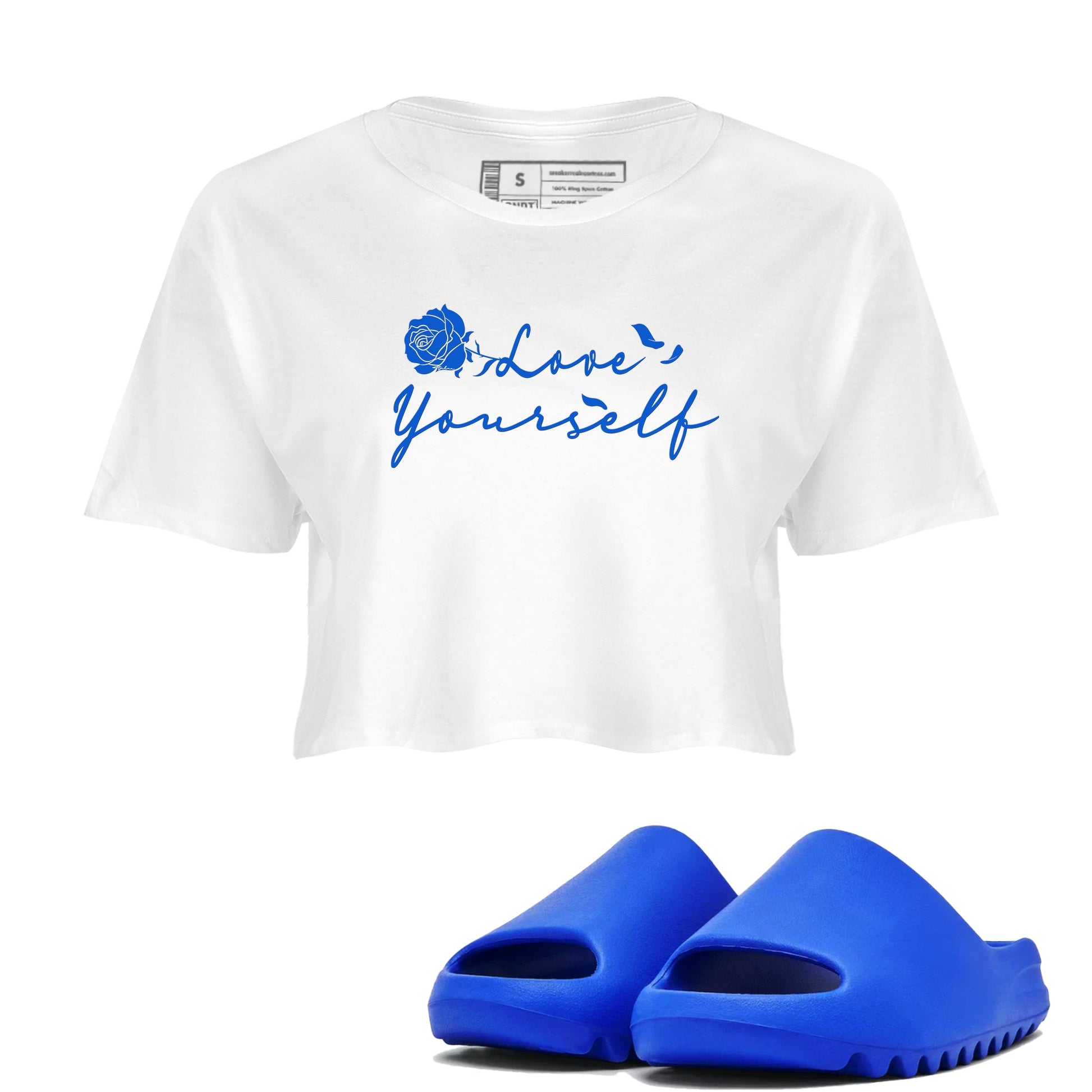 Yeezy Slide Azure shirts to match jordans Love Yourself sneaker match tees Yeezy Slide Azure SNRT Sneaker Tees streetwear brand White 1 crop tee