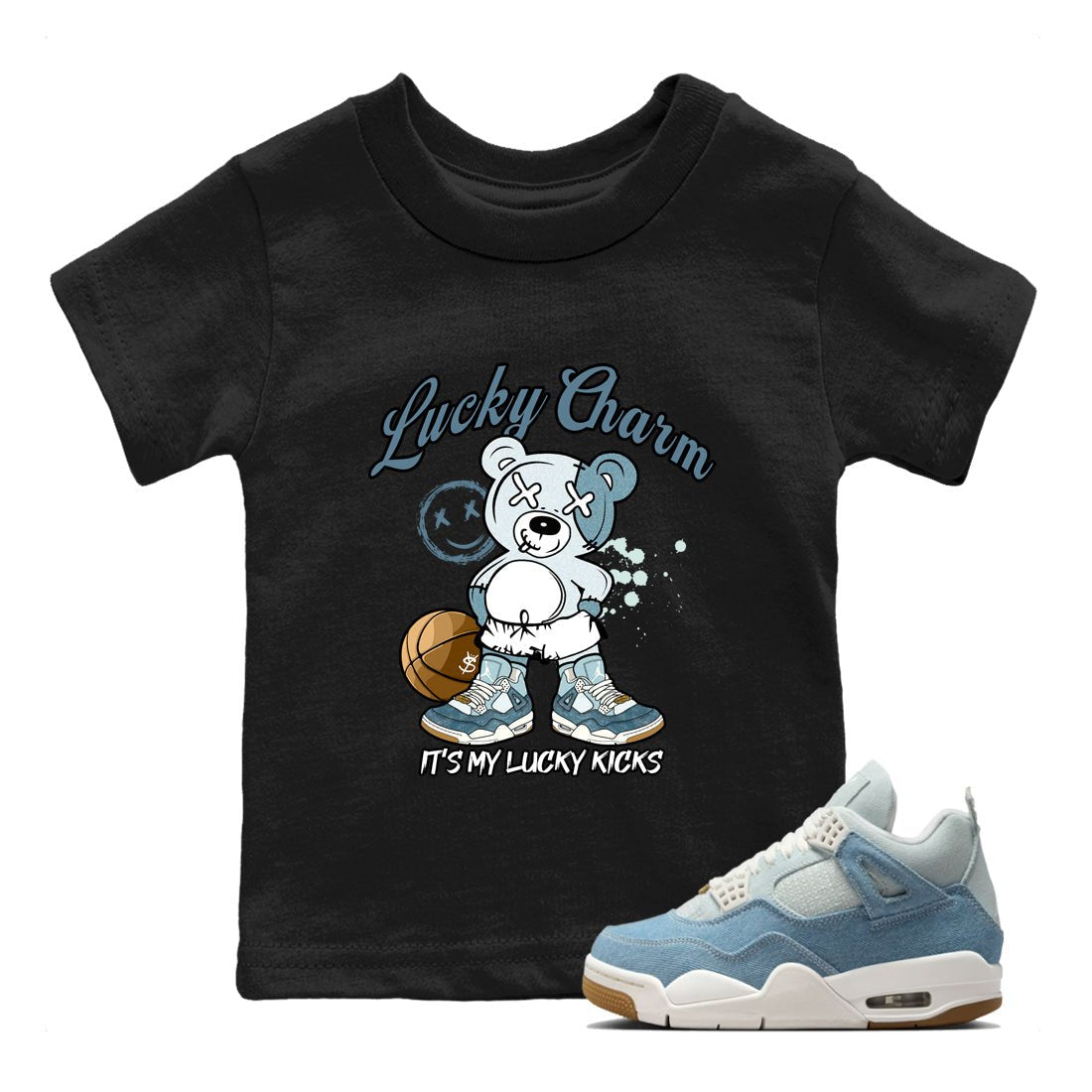 Sneaker match tees – Sneaker Tees To Match 4s Worn Blue Air Jordan 4 Denim Shoes – Lucky Charm Kids T-Shirt Black 1