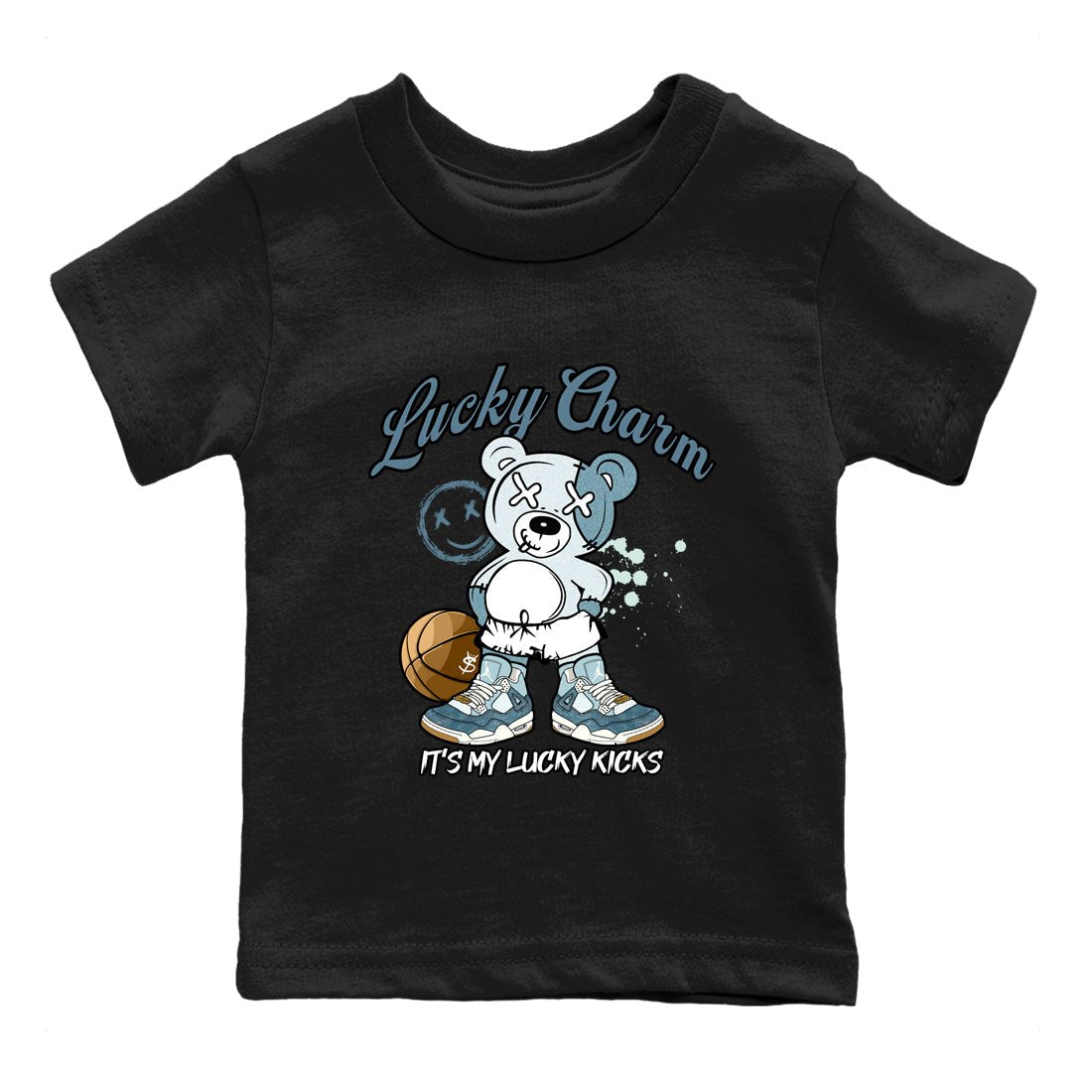 Sneaker match tees – Sneaker Tees To Match 4s Worn Blue Air Jordan 4 Denim Shoes – Lucky Charm Kids T-Shirt Black 2