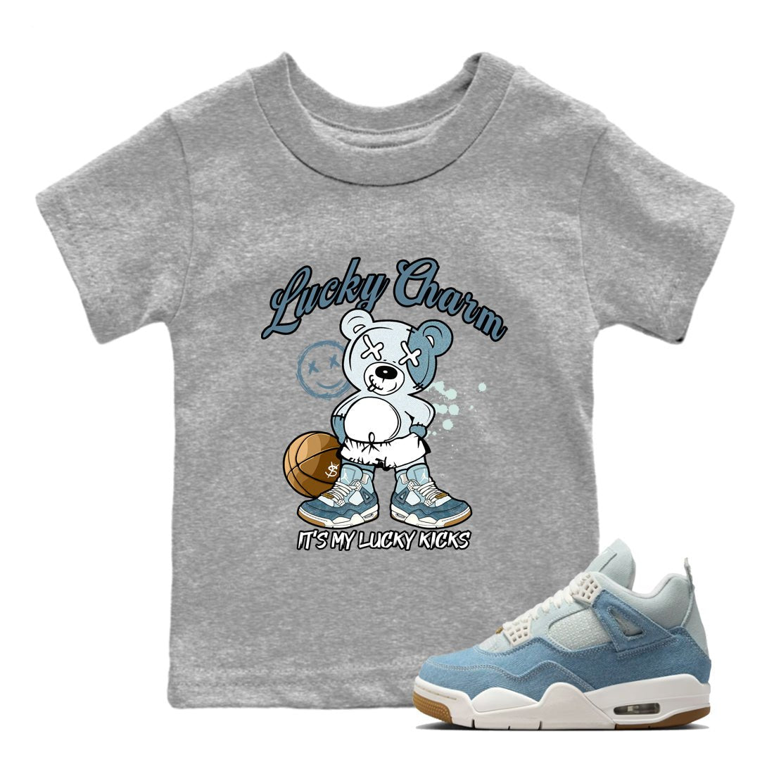 Sneaker match tees – Sneaker Tees To Match 4s Worn Blue Air Jordan 4 Denim Shoes – Lucky Charm Kids T-Shirt Heather Grey 1