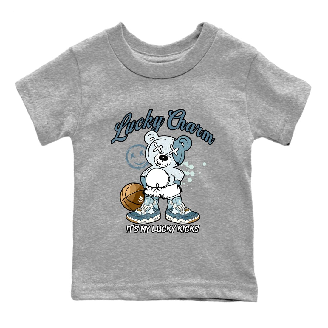 Sneaker match tees – Sneaker Tees To Match 4s Worn Blue Air Jordan 4 Denim Shoes – Lucky Charm Kids T-Shirt Heather Grey 2