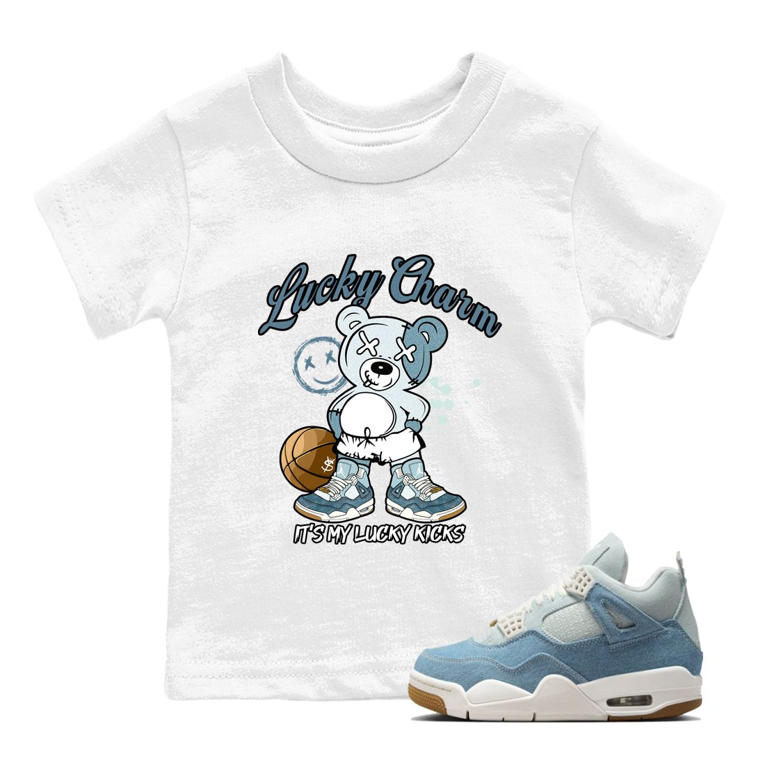 Sneaker match tees – Sneaker Tees To Match 4s Worn Blue Air Jordan 4 Denim Shoes – Lucky Charm Kids T-Shirt White 1