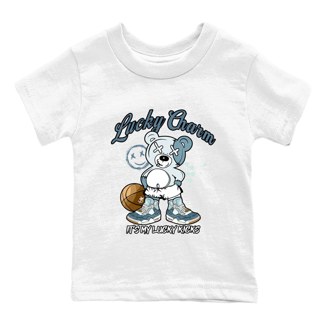 Sneaker match tees – Sneaker Tees To Match 4s Worn Blue Air Jordan 4 Denim Shoes – Lucky Charm Kids T-Shirt White 2