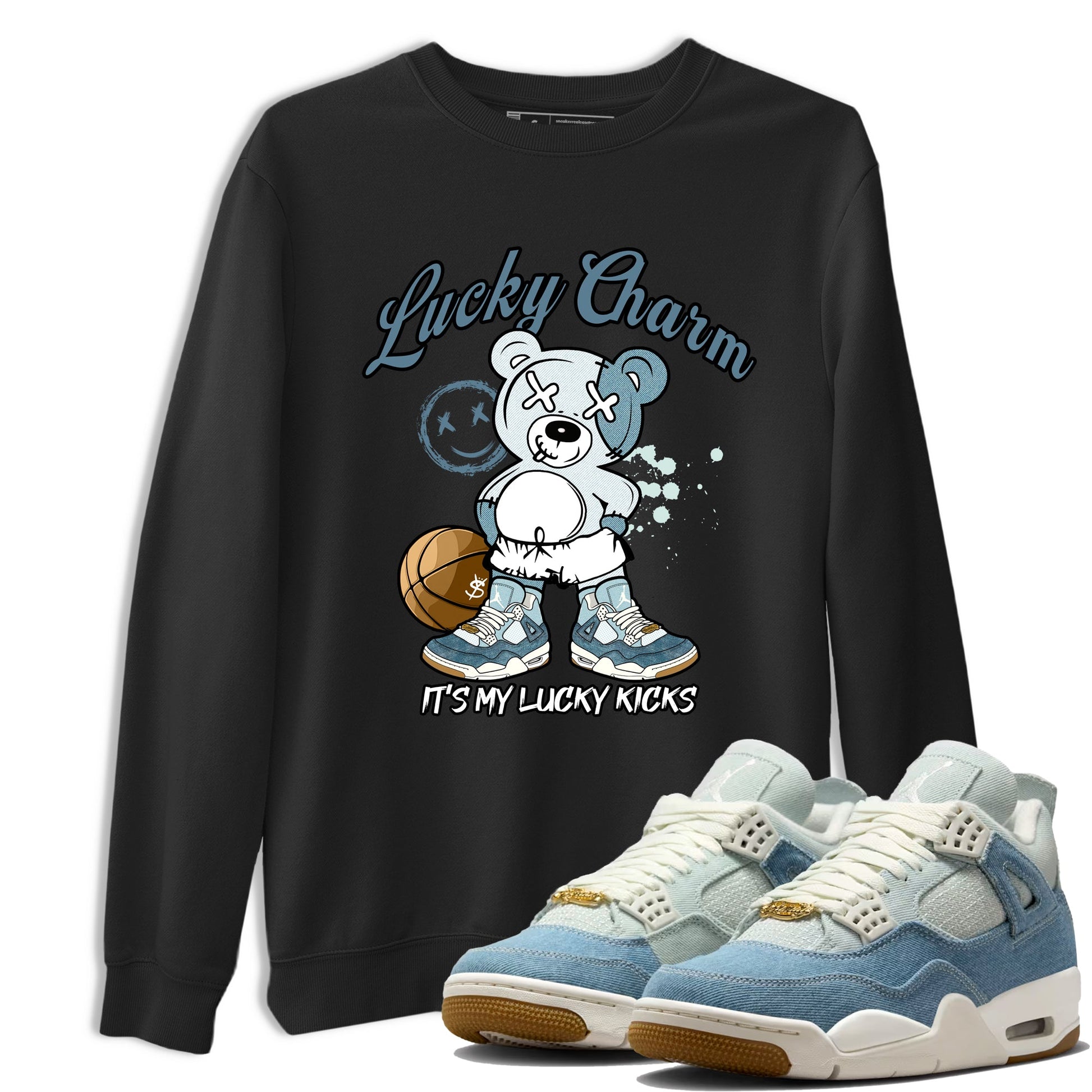 Sneaker match tees – Sneaker Tees To Match 4s Worn Blue Air Jordan 4 Denim Shoes – Lucky Charm Tee Black 1