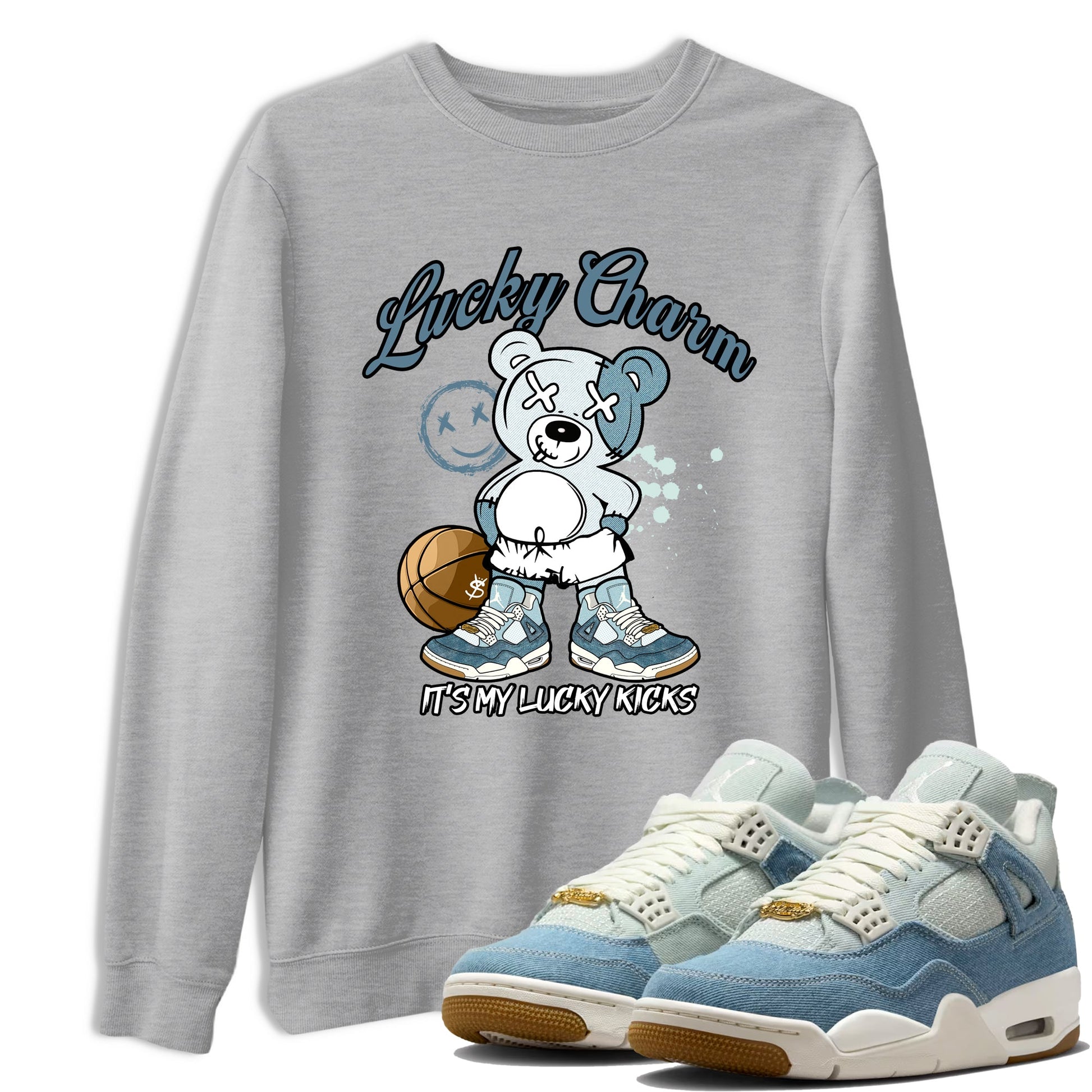 Sneaker match tees – Sneaker Tees To Match 4s Worn Blue Air Jordan 4 Denim Shoes – Lucky Charm Tee Heather Grey 1