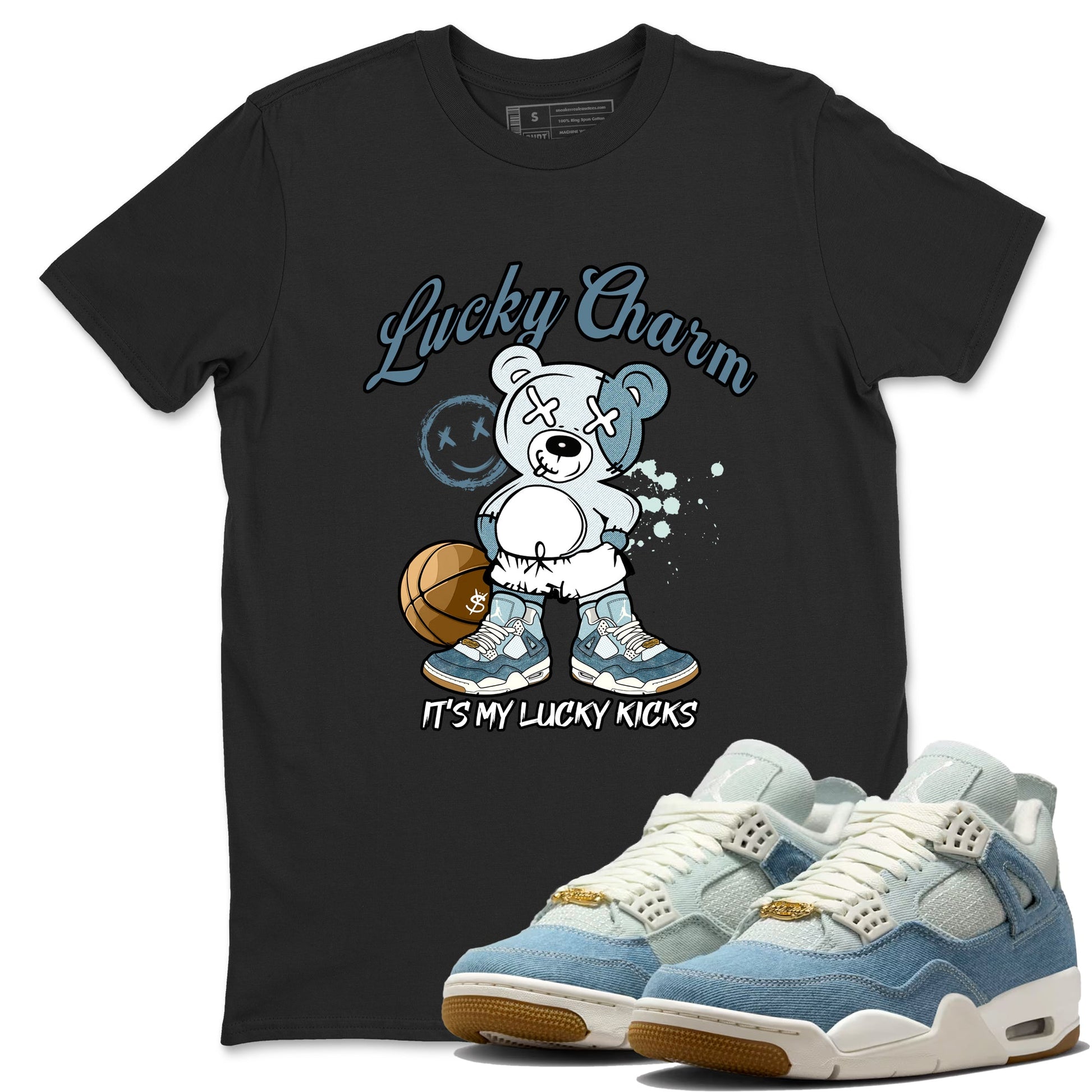 Sneaker match tees – Sneaker Tees To Match 4s Worn Blue Air Jordan 4 Denim Shoes – Lucky Charm Tee Black 1