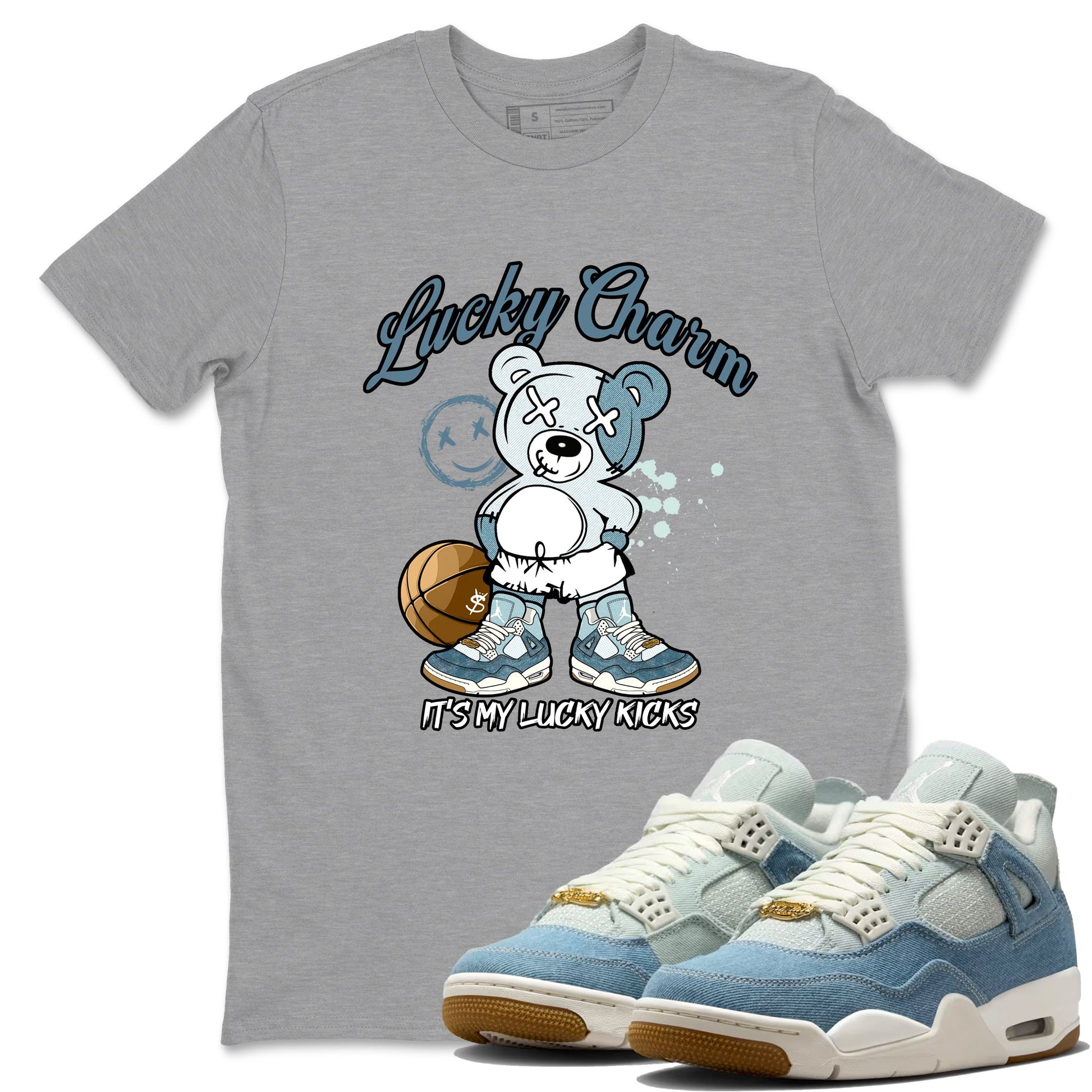 Sneaker match tees – Sneaker Tees To Match 4s Worn Blue Air Jordan 4 Denim Shoes – Lucky Charm Tee Heather Grey 1