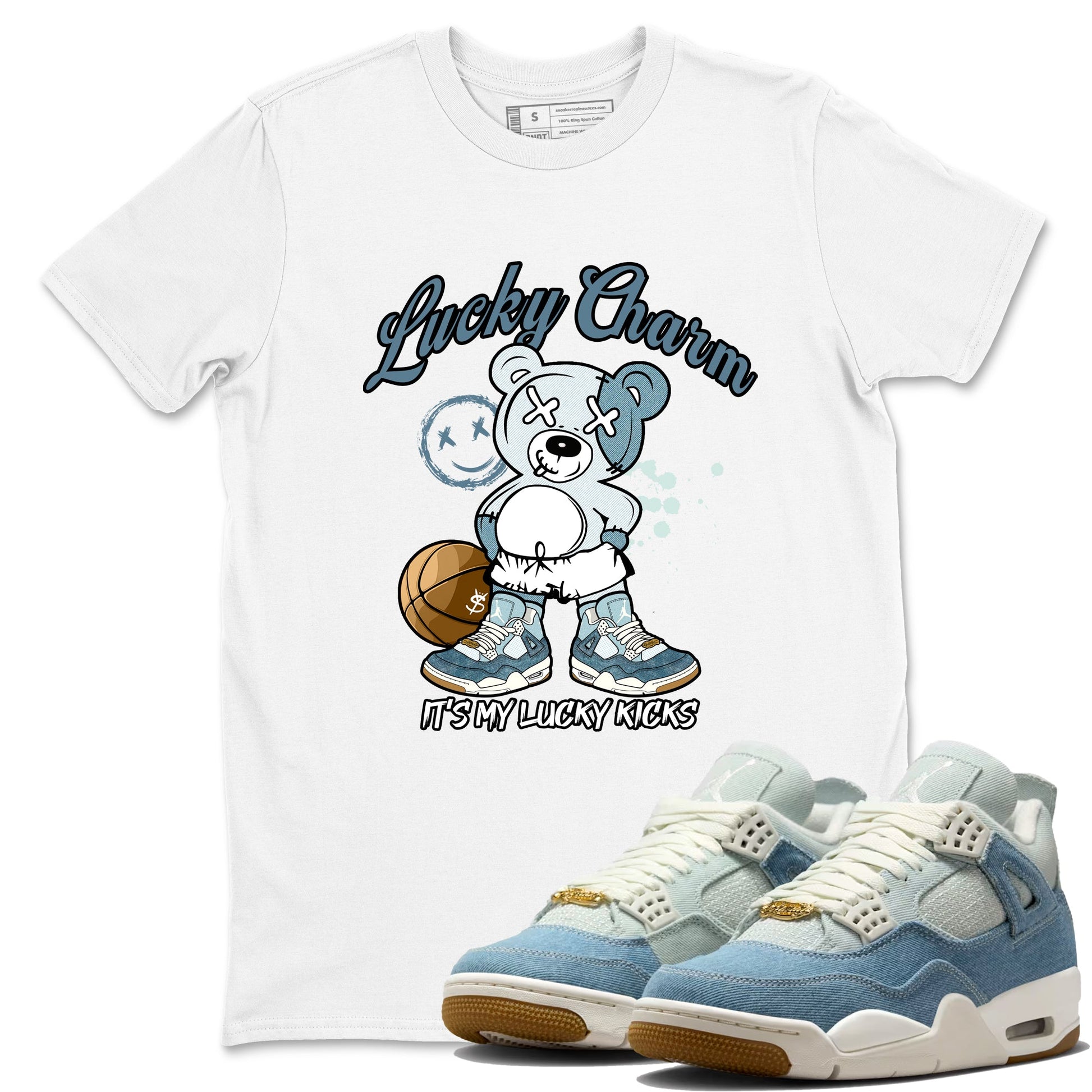 Sneaker match tees – Sneaker Tees To Match 4s Worn Blue Air Jordan 4 Denim Shoes – Lucky Charm Tee White 1