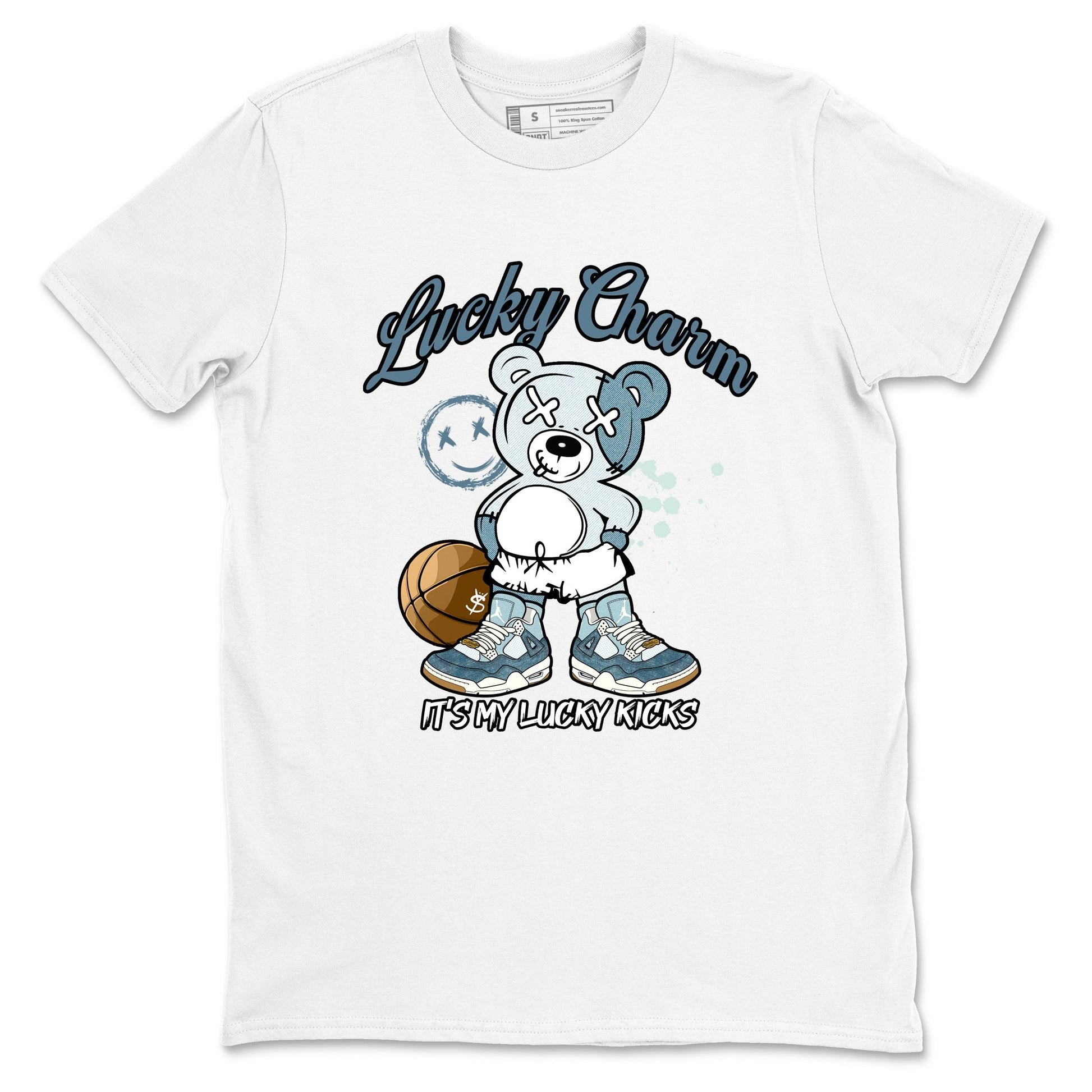 Sneaker match tees – Sneaker Tees To Match 4s Worn Blue Air Jordan 4 Denim Shoes – Lucky Charm Tee White 2