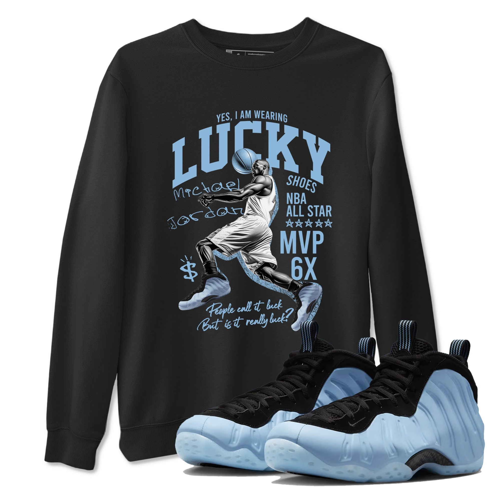 Lucky Player sneaker match t-shirt styled to complete your fit with the Air Foamposite One Psychic Blue sneakers, shown in Black 1.
