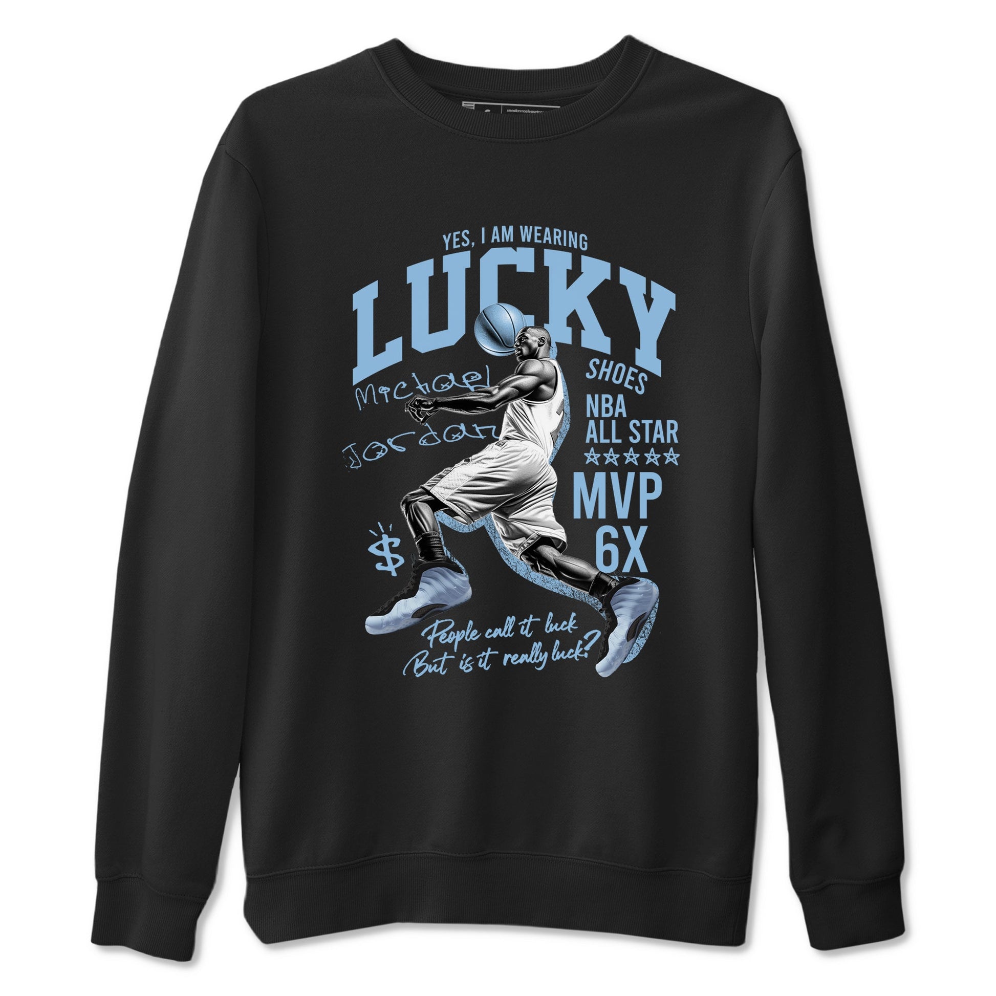 Lucky Player sneaker match t-shirt styled to complete your fit with the Air Foamposite One Psychic Blue sneakers, shown in Black 2.