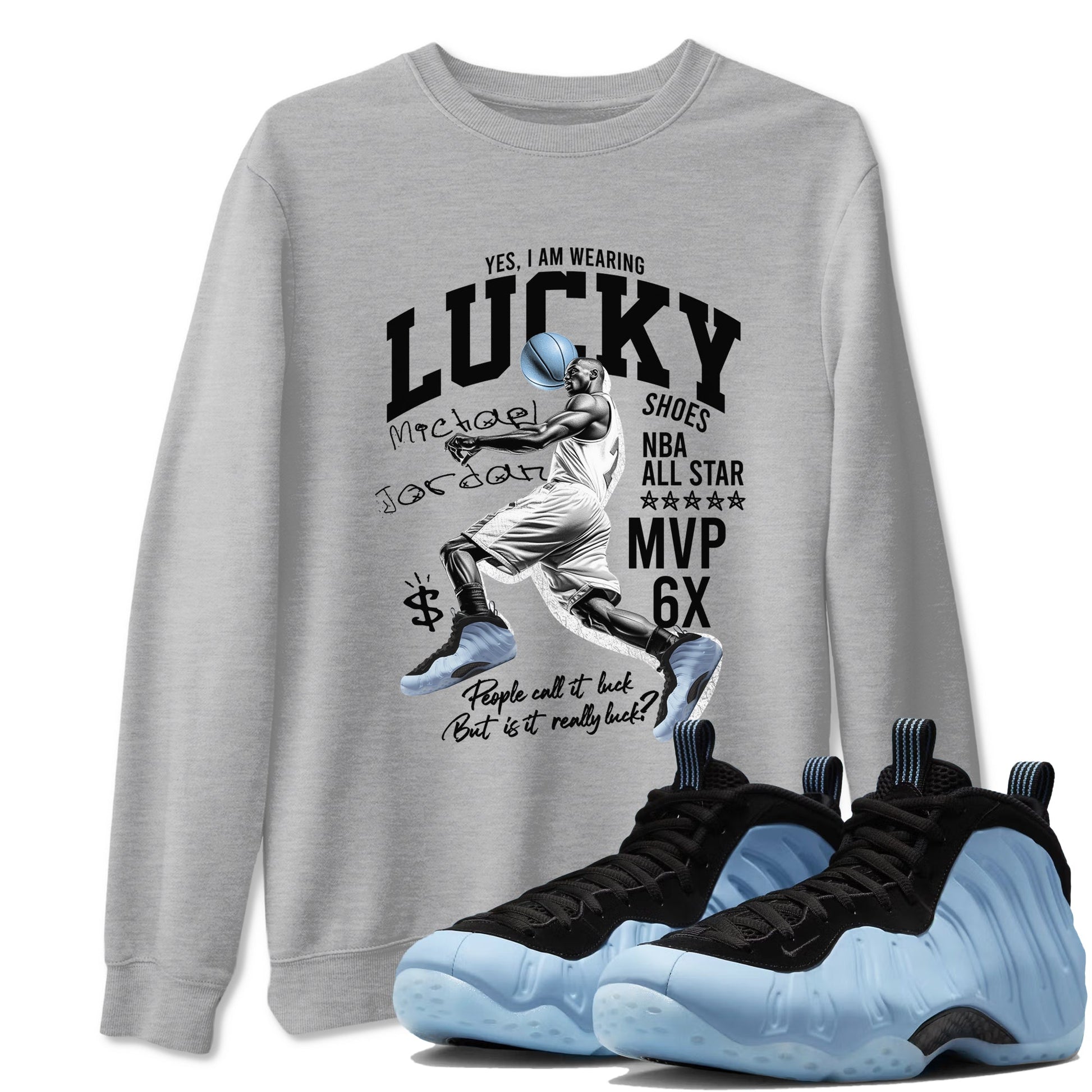 Lucky Player sneaker match t-shirt styled to complete your fit with the Air Foamposite One Psychic Blue sneakers, shown in Heather Grey 1.
