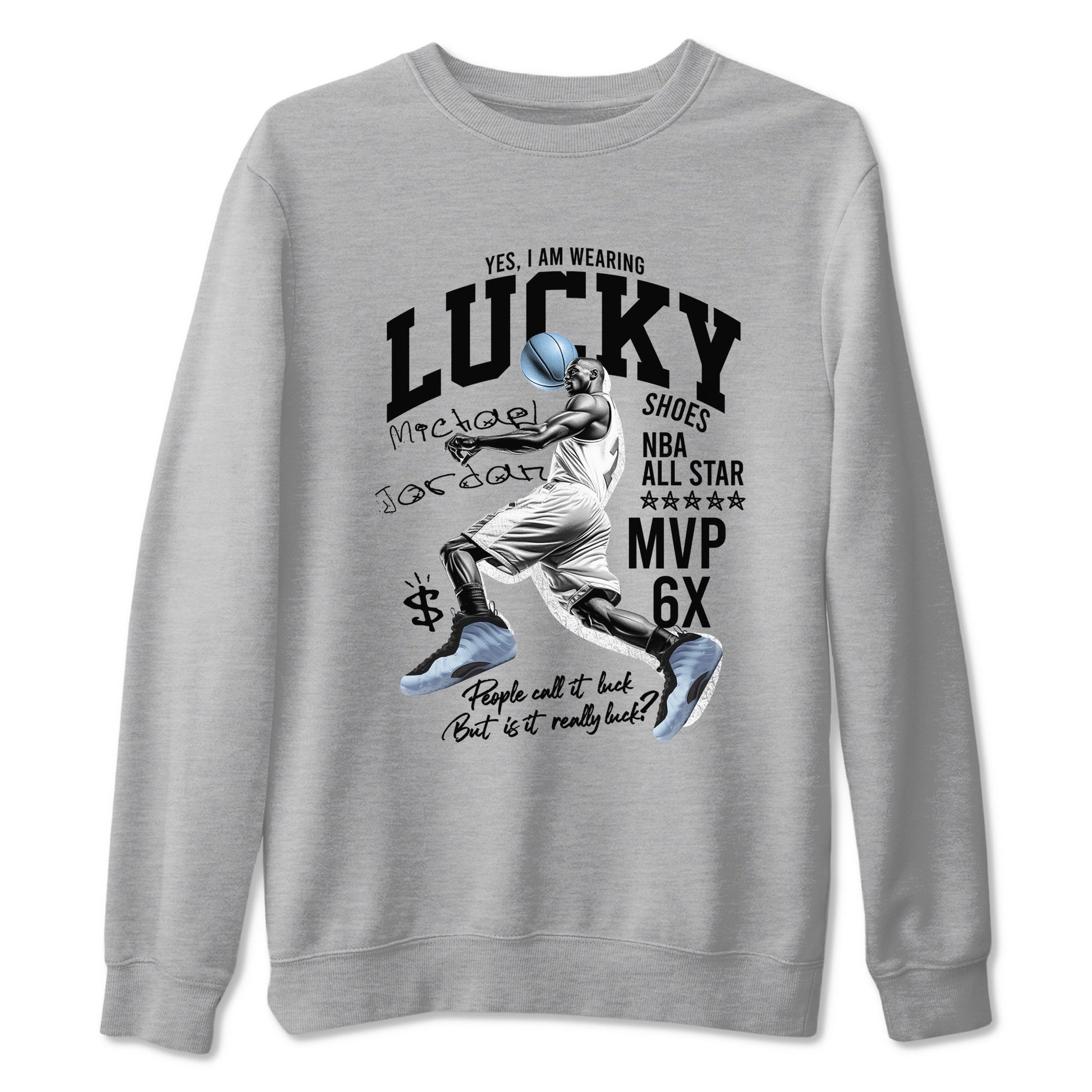 Lucky Player sneaker match t-shirt styled to complete your fit with the Air Foamposite One Psychic Blue sneakers, shown in Heather Grey 2.
