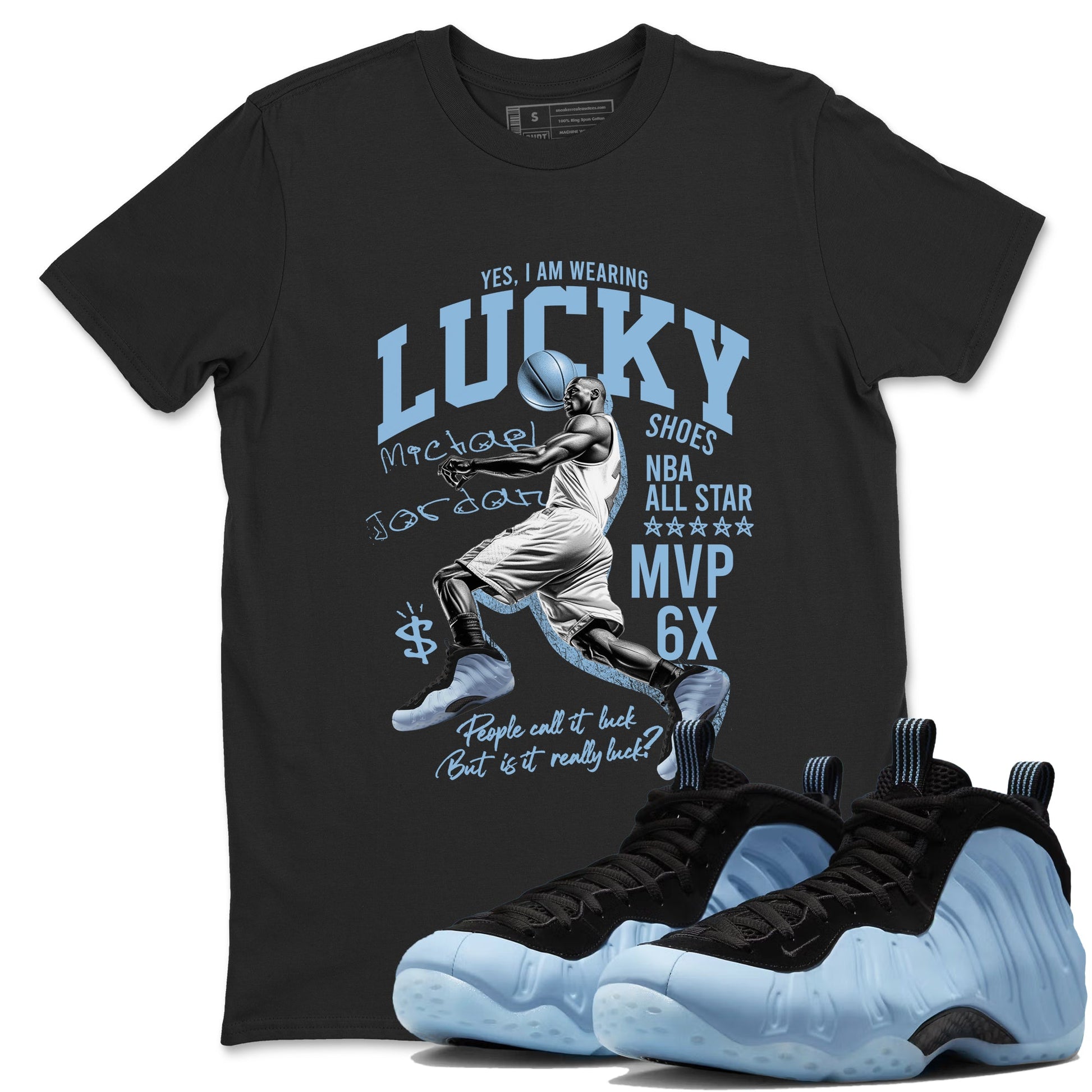 Lucky Player sneaker match t-shirt styled to complete your fit with the Air Foamposite One Psychic Blue sneakers, shown in Black 1.