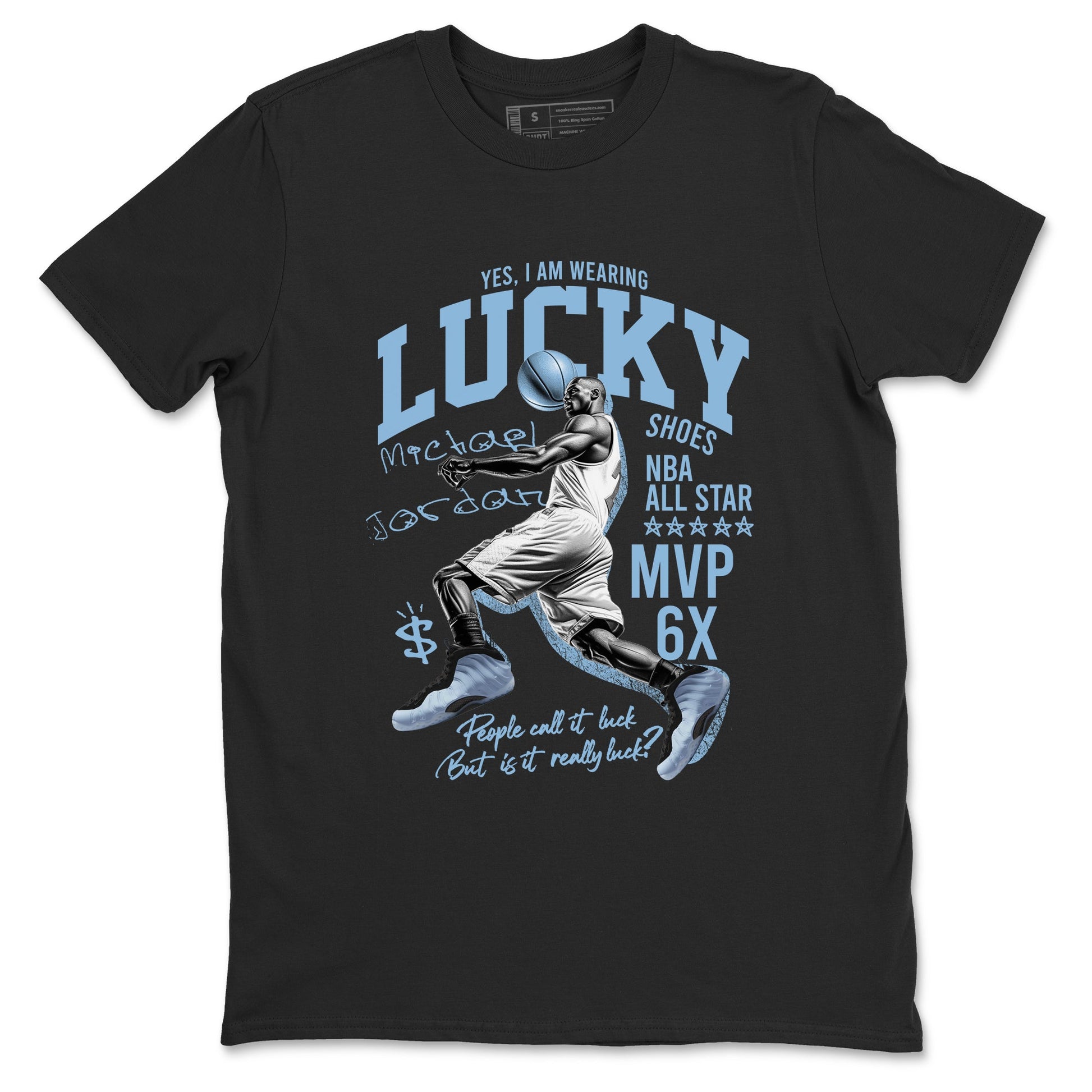 Lucky Player sneaker match t-shirt styled to complete your fit with the Air Foamposite One Psychic Blue sneakers, shown in Black 2.