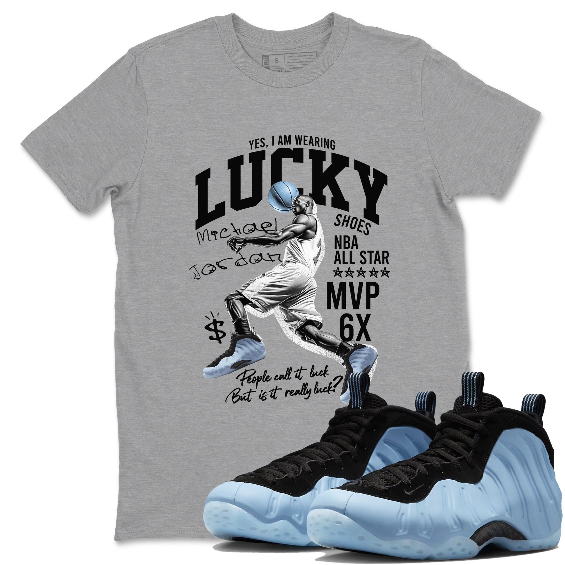 Lucky Player sneaker match t-shirt styled to complete your fit with the Air Foamposite One Psychic Blue sneakers, shown in Heather Grey 1.